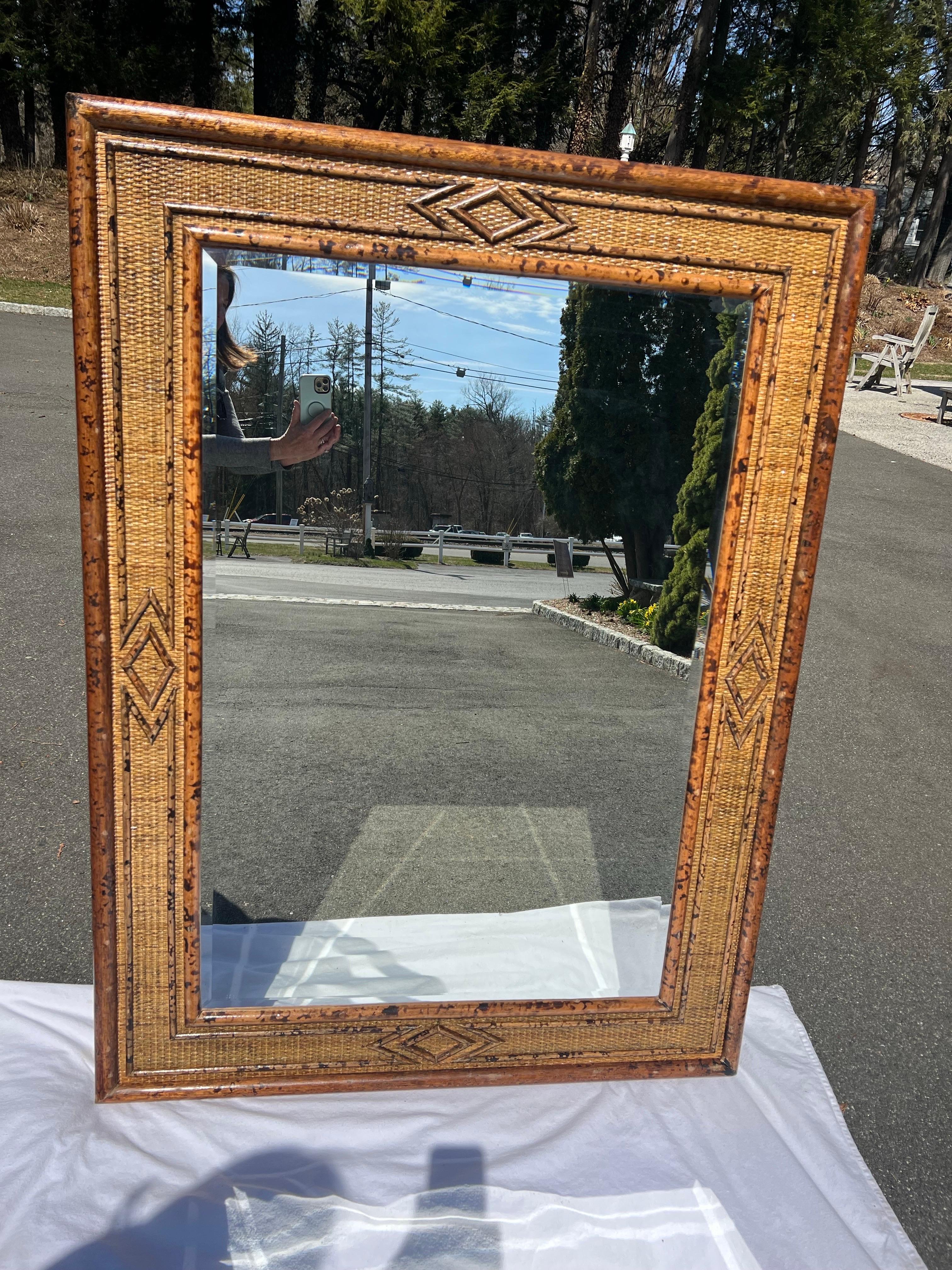 Large Bamboo and Rattan Coastal Beveled Mirror For Sale 2