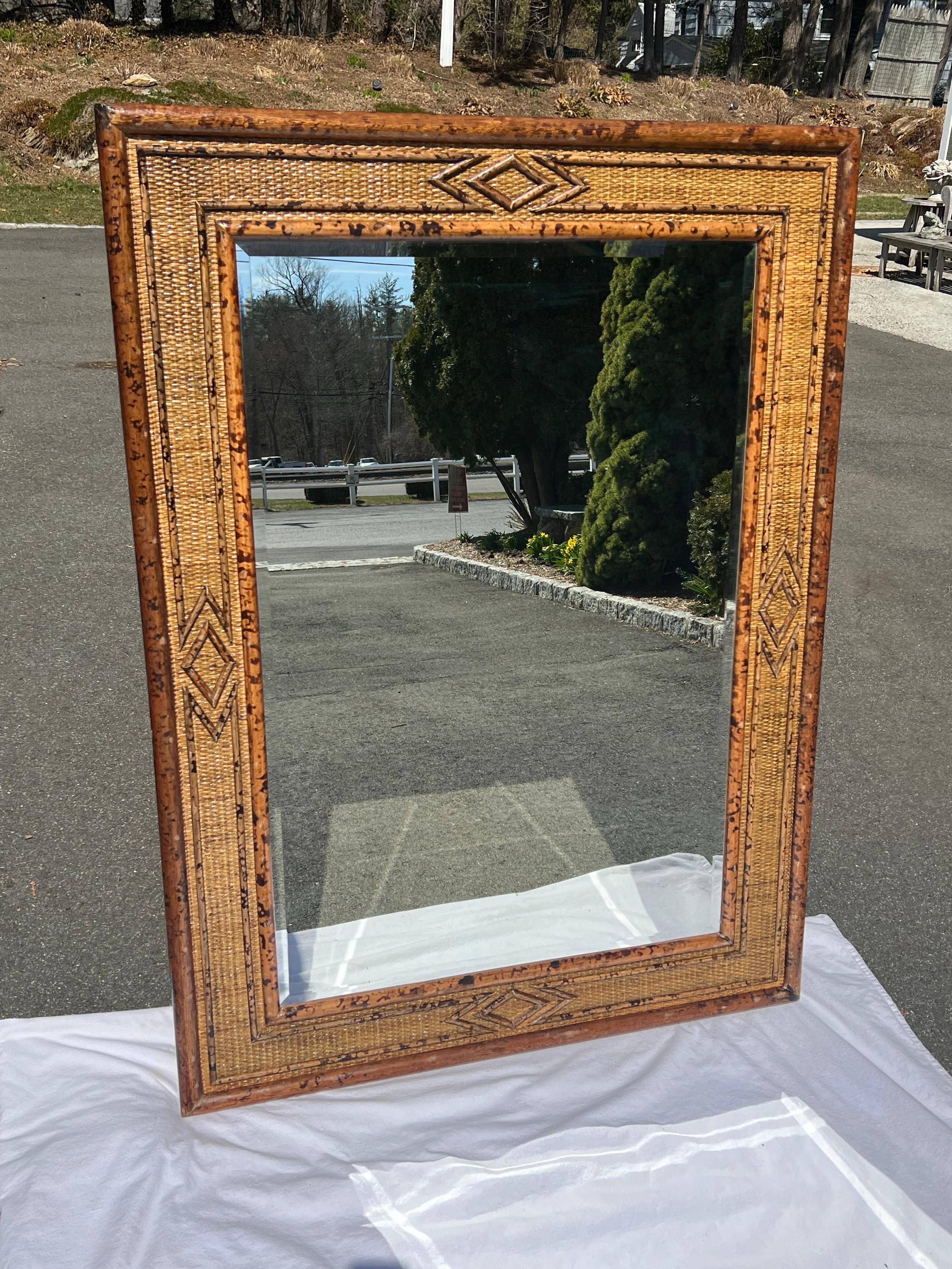 Large Bamboo and Rattan Coastal Beveled Mirror For Sale 3