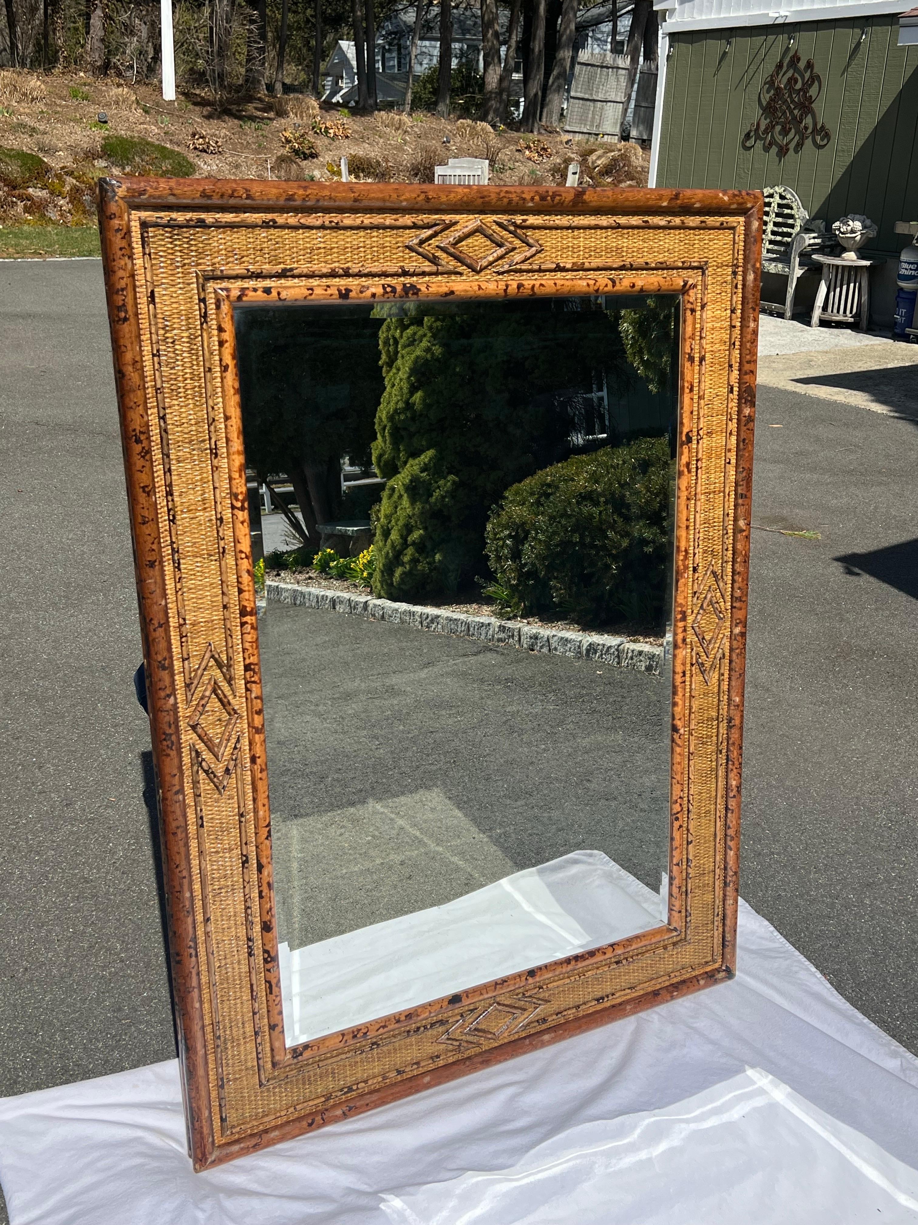 Large Bamboo and Rattan Coastal Beveled Mirror For Sale 4