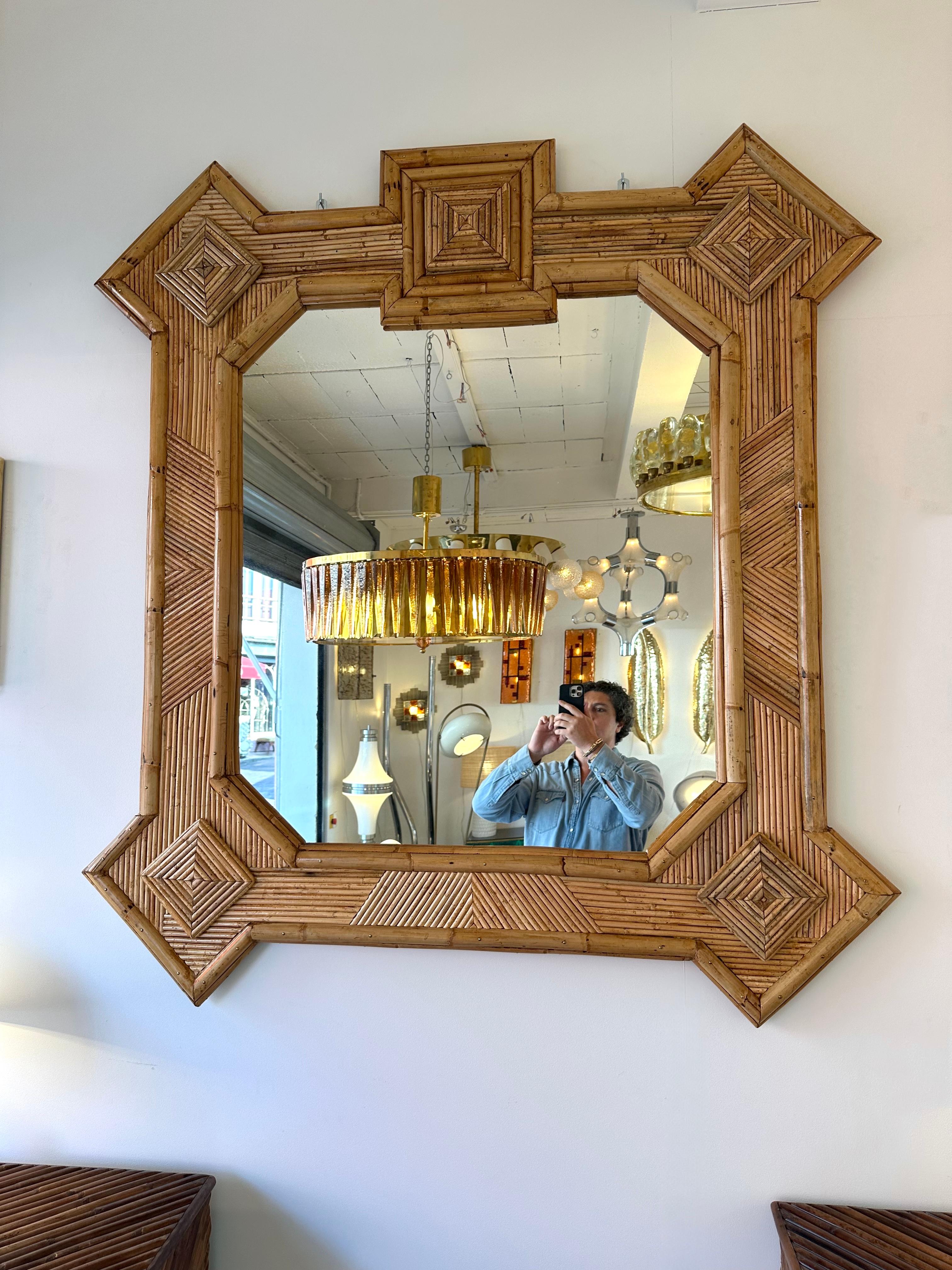 Italian Large Bamboo and Rattan Mirror by Vivai Del Sud. Italy, 1970s For Sale