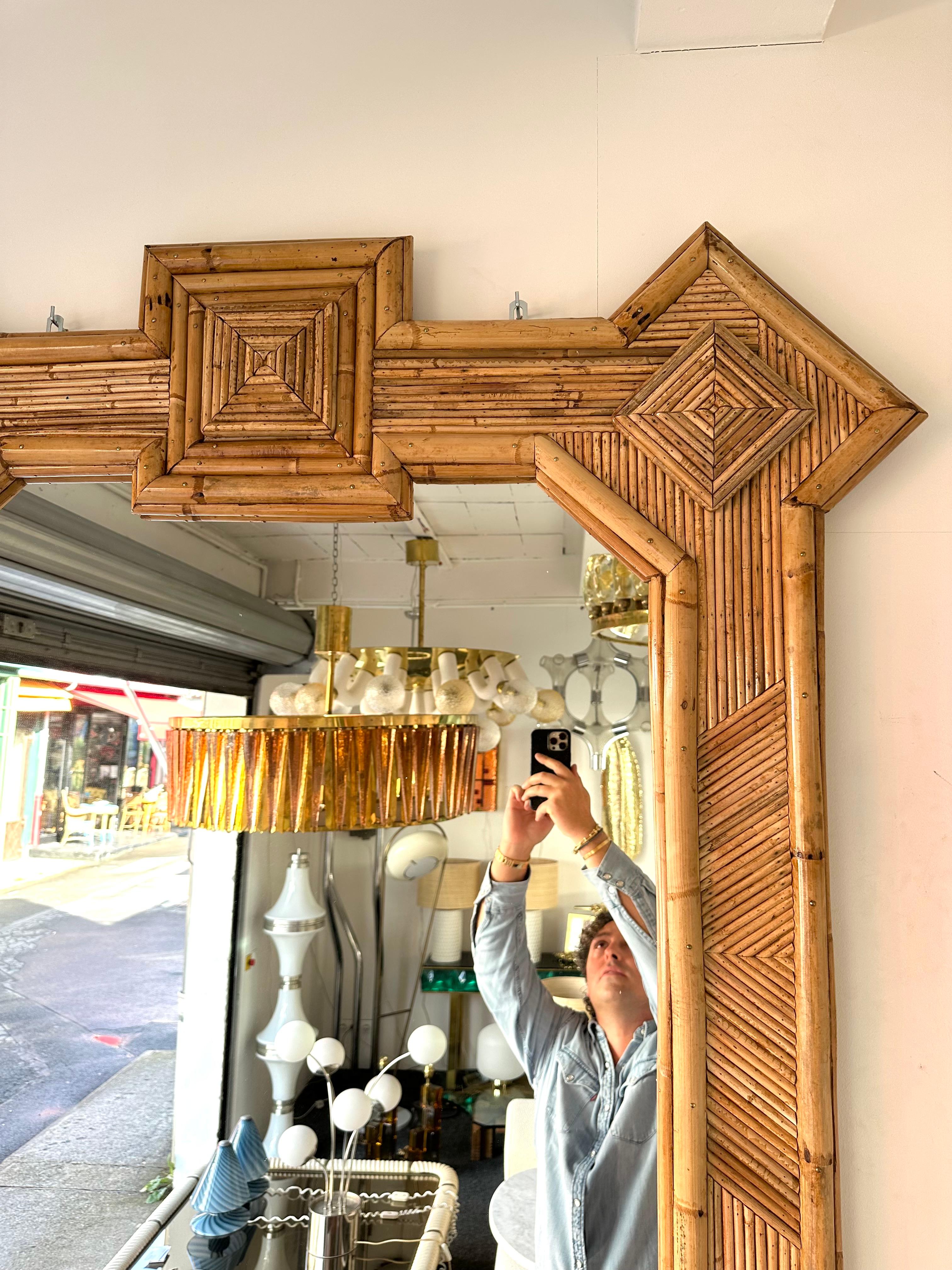 Large Bamboo and Rattan Mirror by Vivai Del Sud. Italy, 1970s For Sale 1