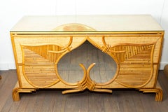 Large Bamboo and Reed Two-Drawer Mirrored Front Detail with Glass Top