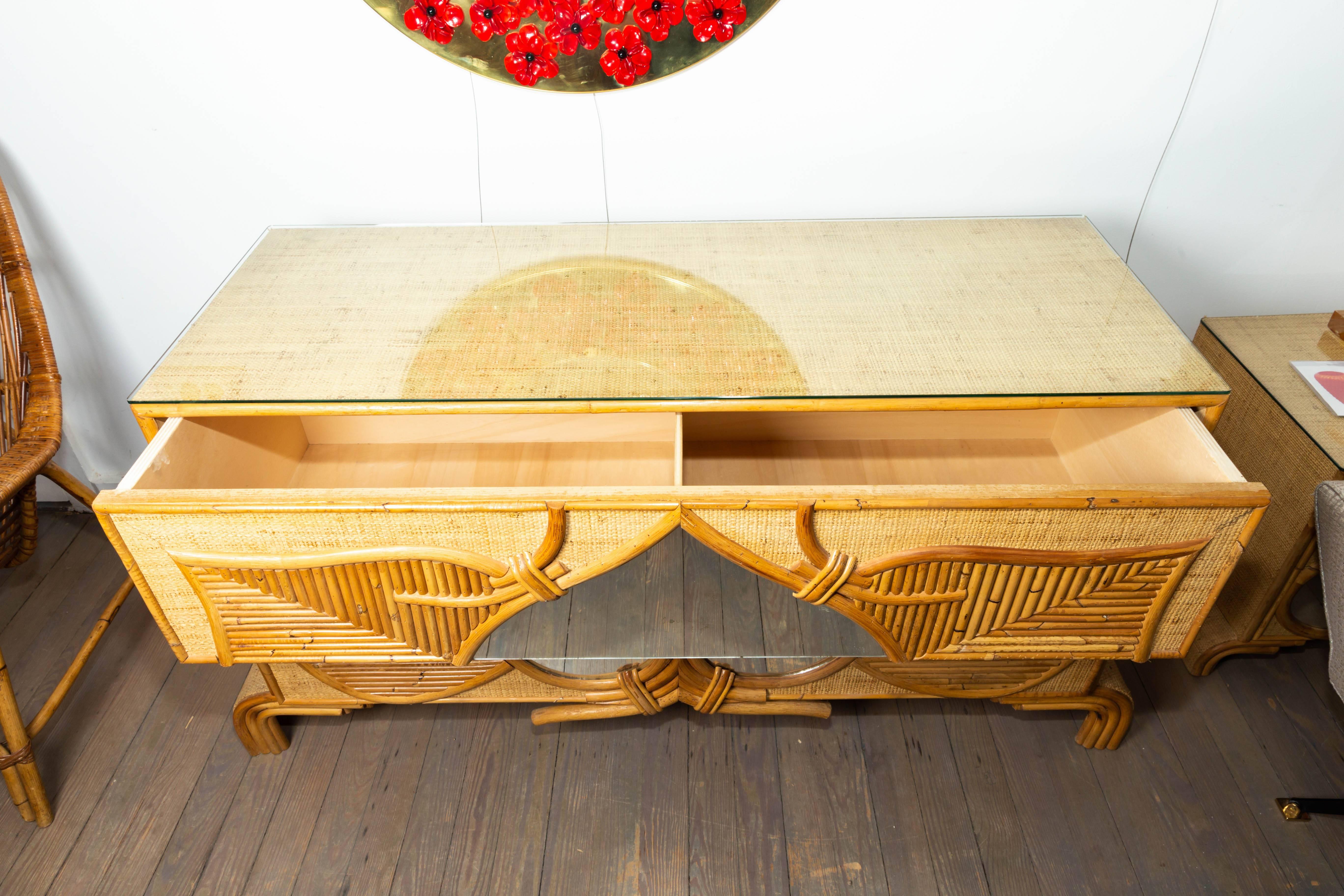 Large Bamboo and Reed Two-Drawer Mirrored Front Detail with Glass Top In Good Condition In Bridgehampton, NY