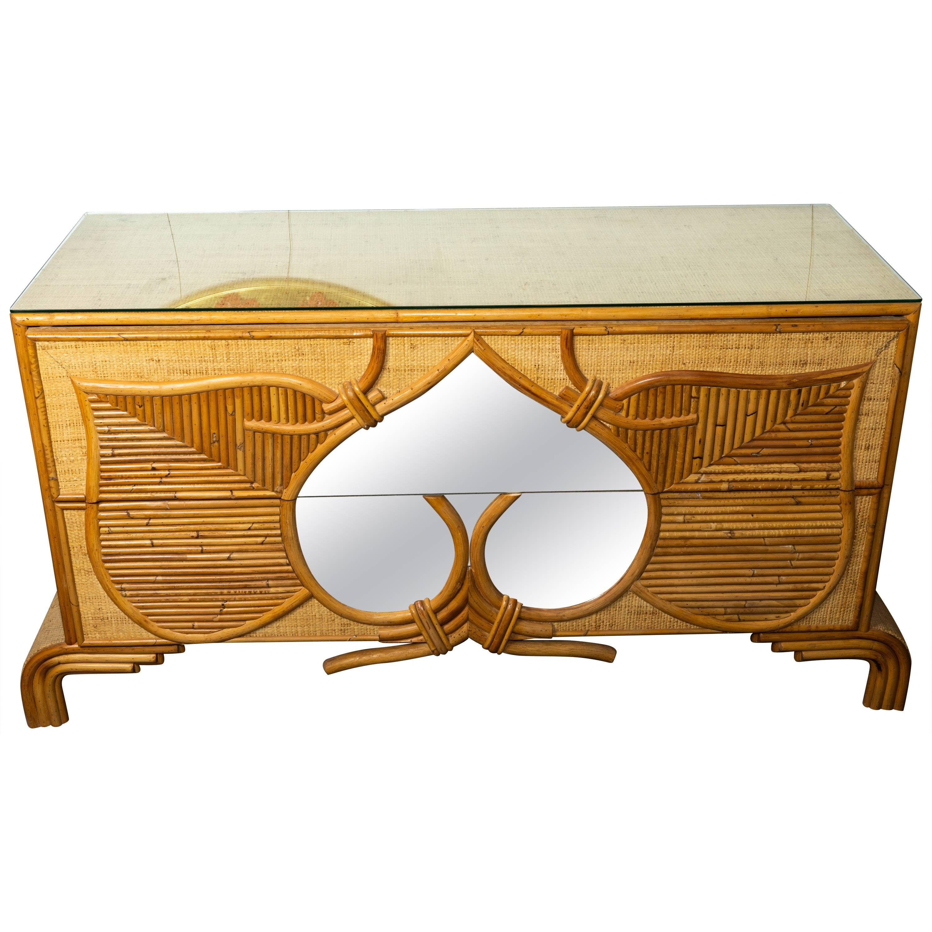 Large Bamboo and Reed Two-Drawer Mirrored Front Detail with Glass Top