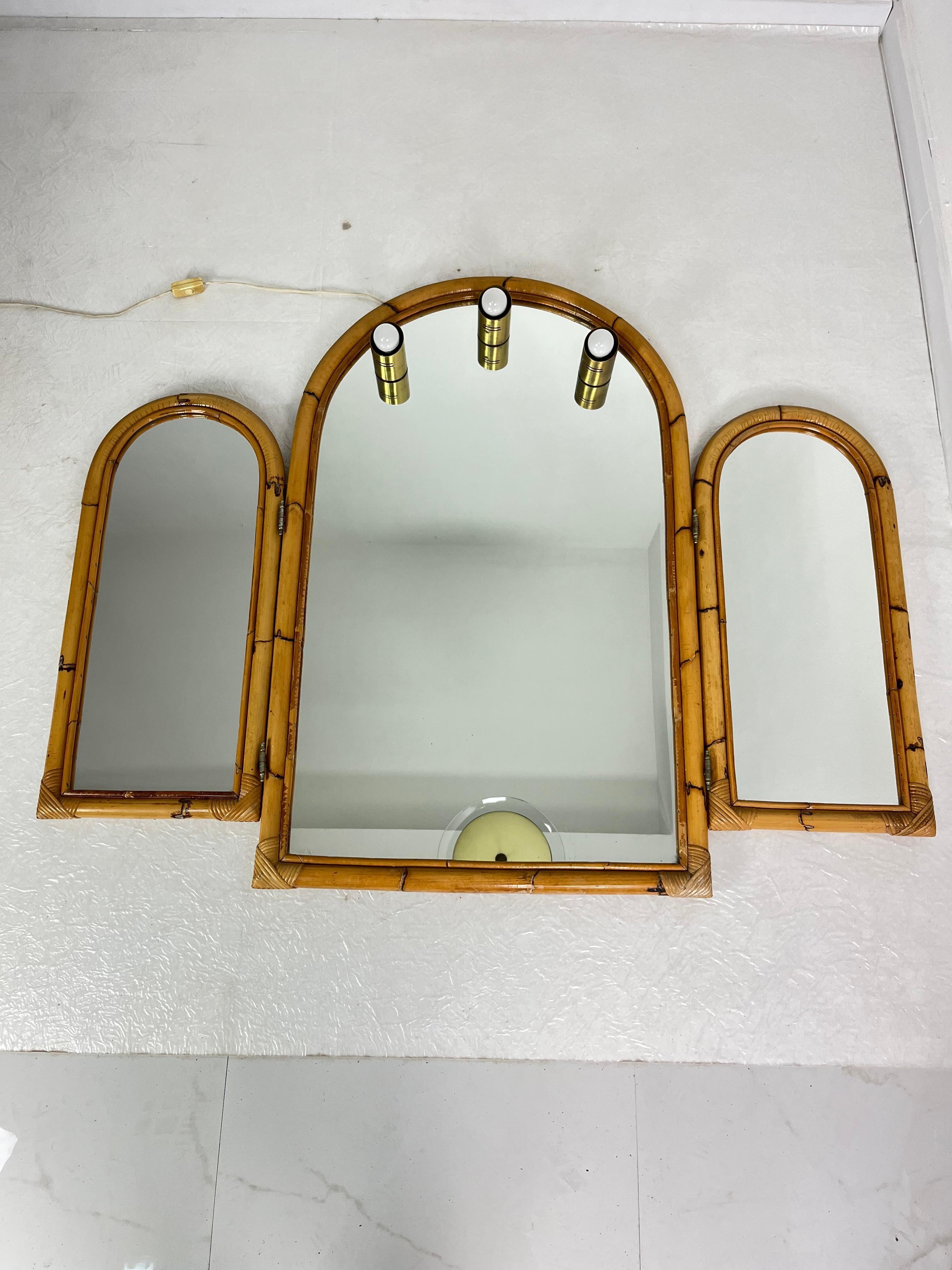 Large Bamboo Bathroom Mirror With Adjustable Side Panels, 3-Light, 1970s For Sale 6