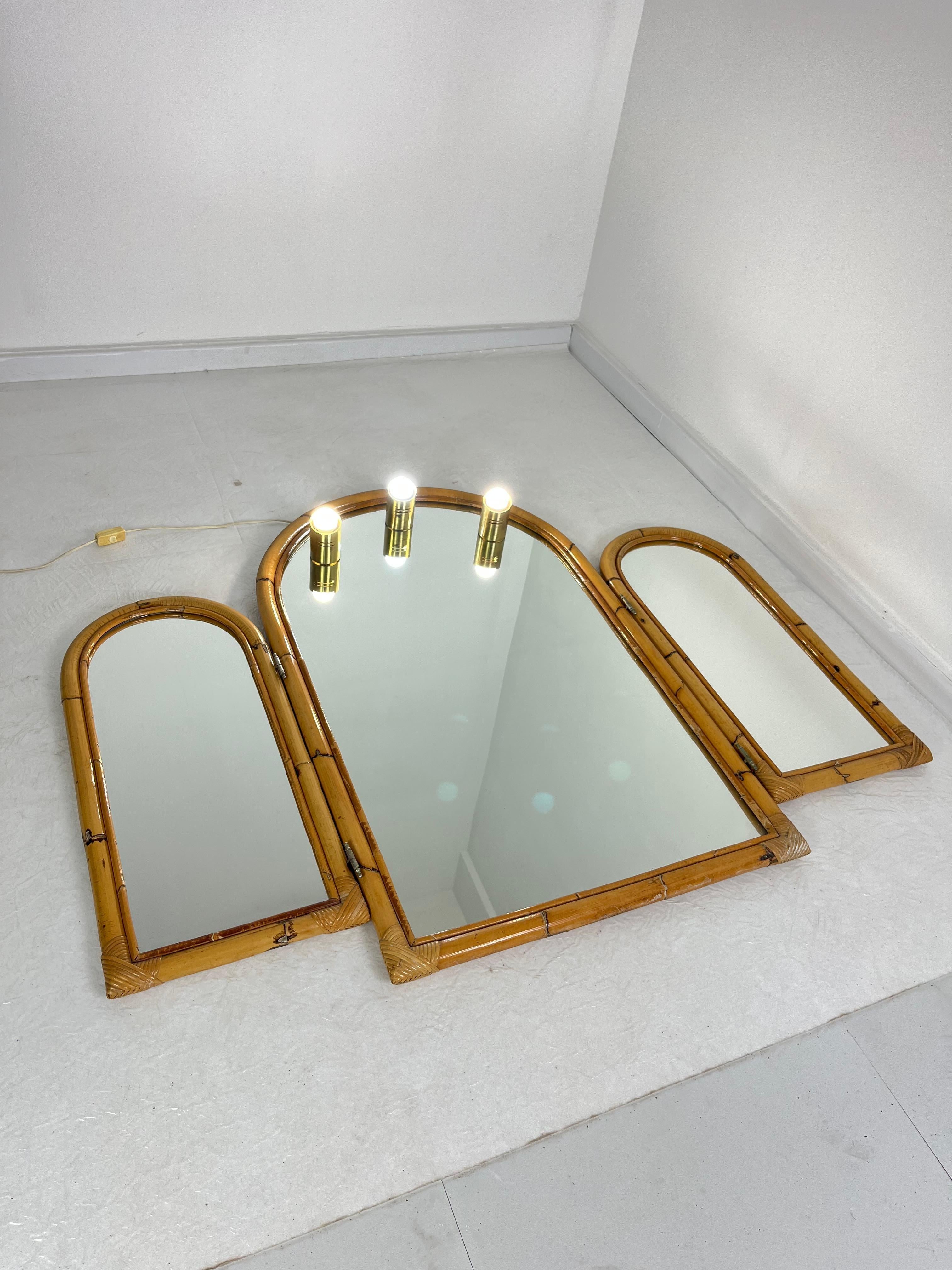 Large Bamboo Bathroom Mirror With Adjustable Side Panels, 3-Light, 1970s For Sale 7