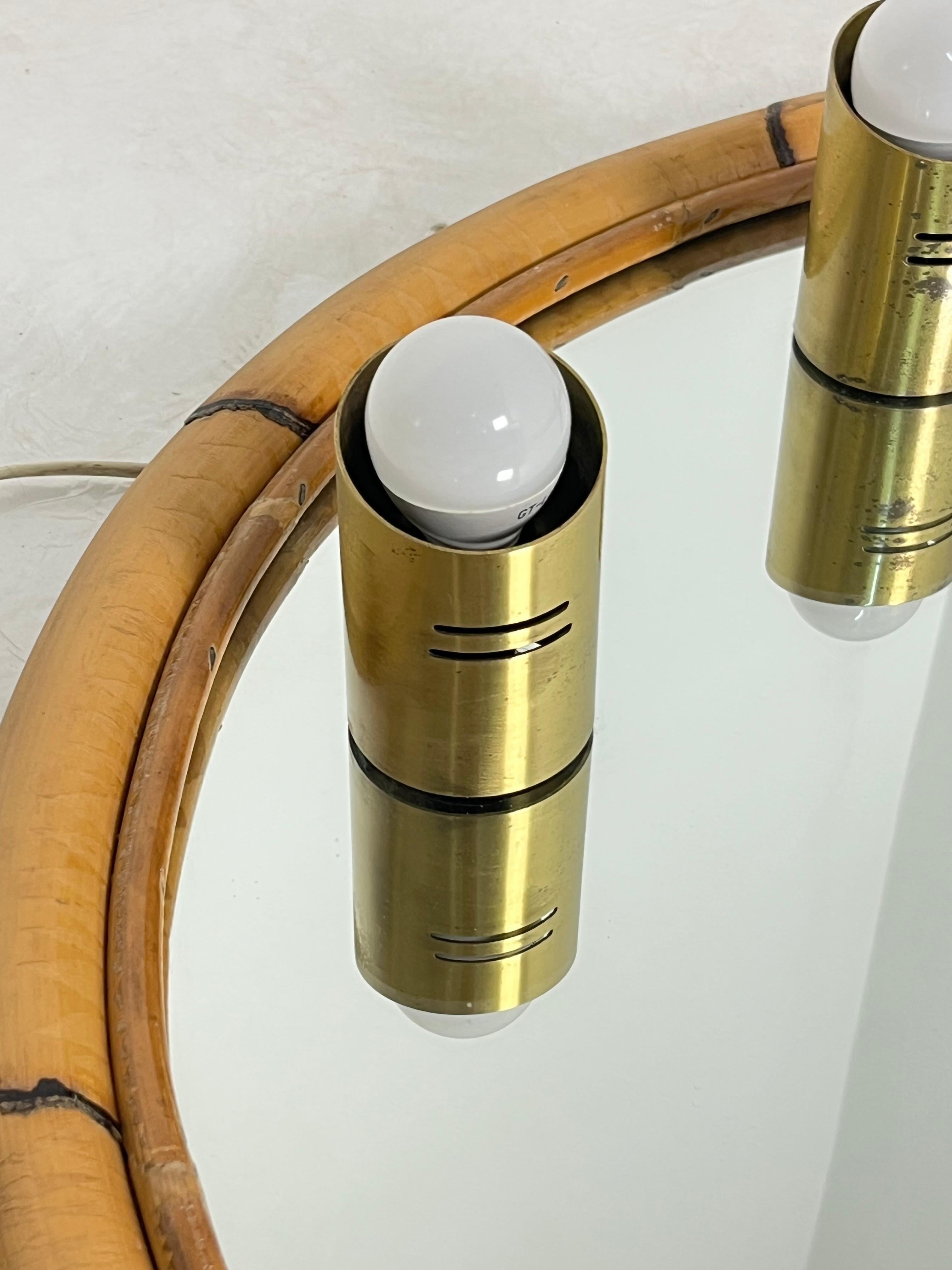 Large Bamboo Bathroom Mirror With Adjustable Side Panels, 3-Light, 1970s For Sale 2