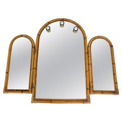 Vintage Large Bamboo Bathroom Mirror With Adjustable Side Panels, 3-Light, 1970s
