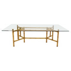 Grande table de conférence de salle à manger à plateau épais en verre avec cadre en bambou et cuir de 3/4 po.