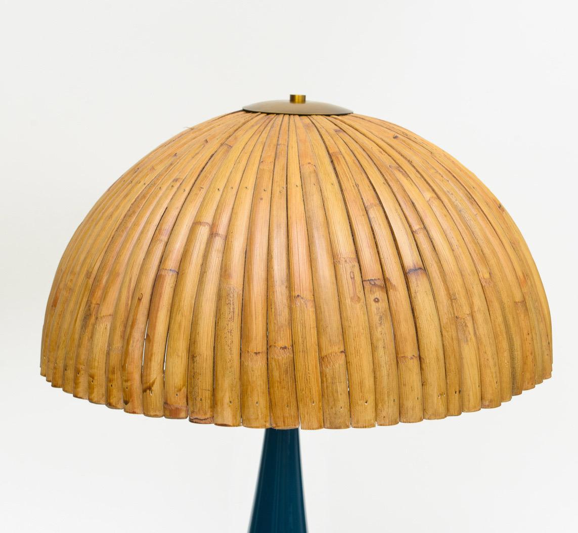 Mid-Century Modern Gabriella Crespi Style Large Bamboo Pair of Table Lamps with Blue Lacquer Bases For Sale