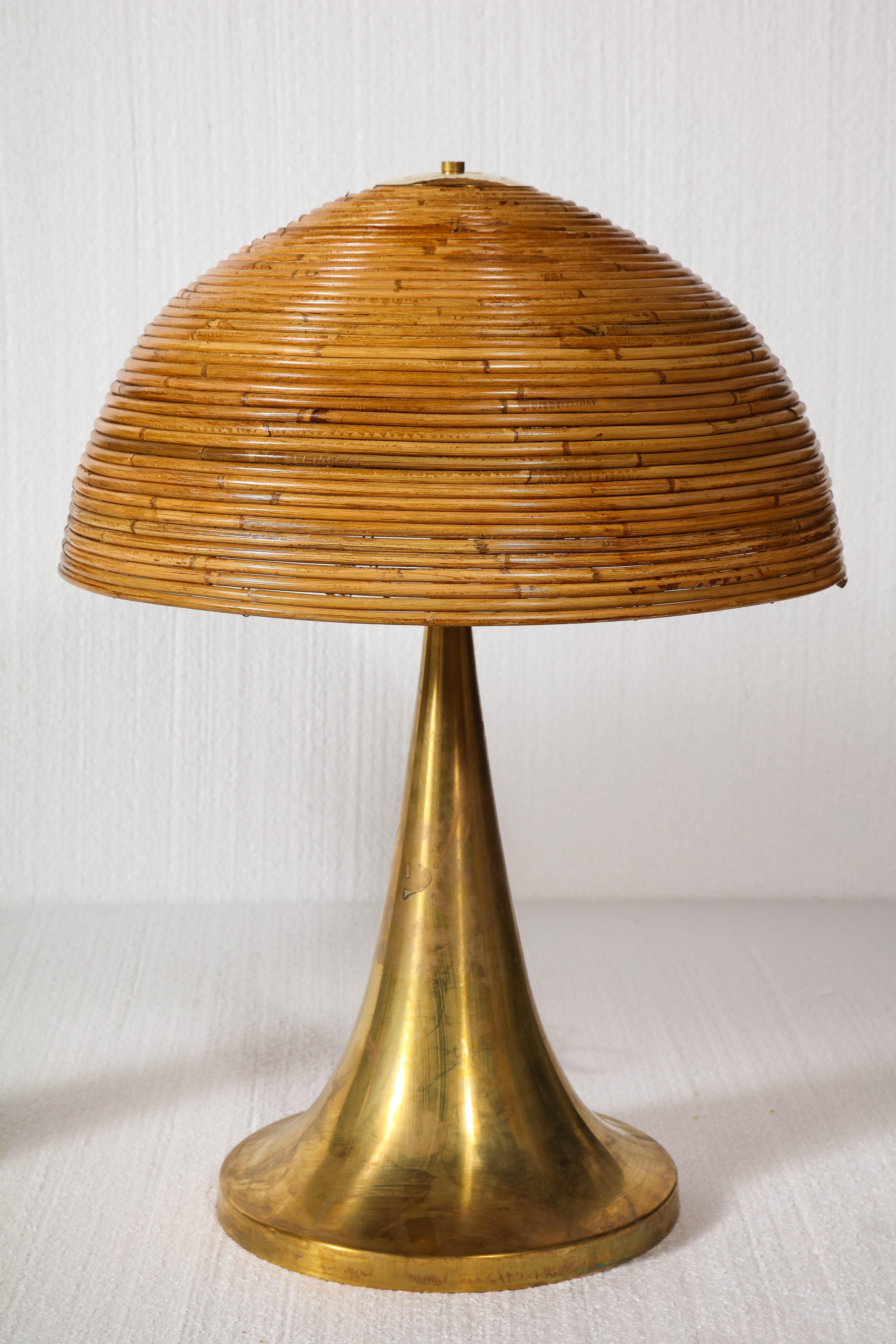 Mid-Century Modern Large Bamboo Pair of Table Lamps with Brass Bases For Sale