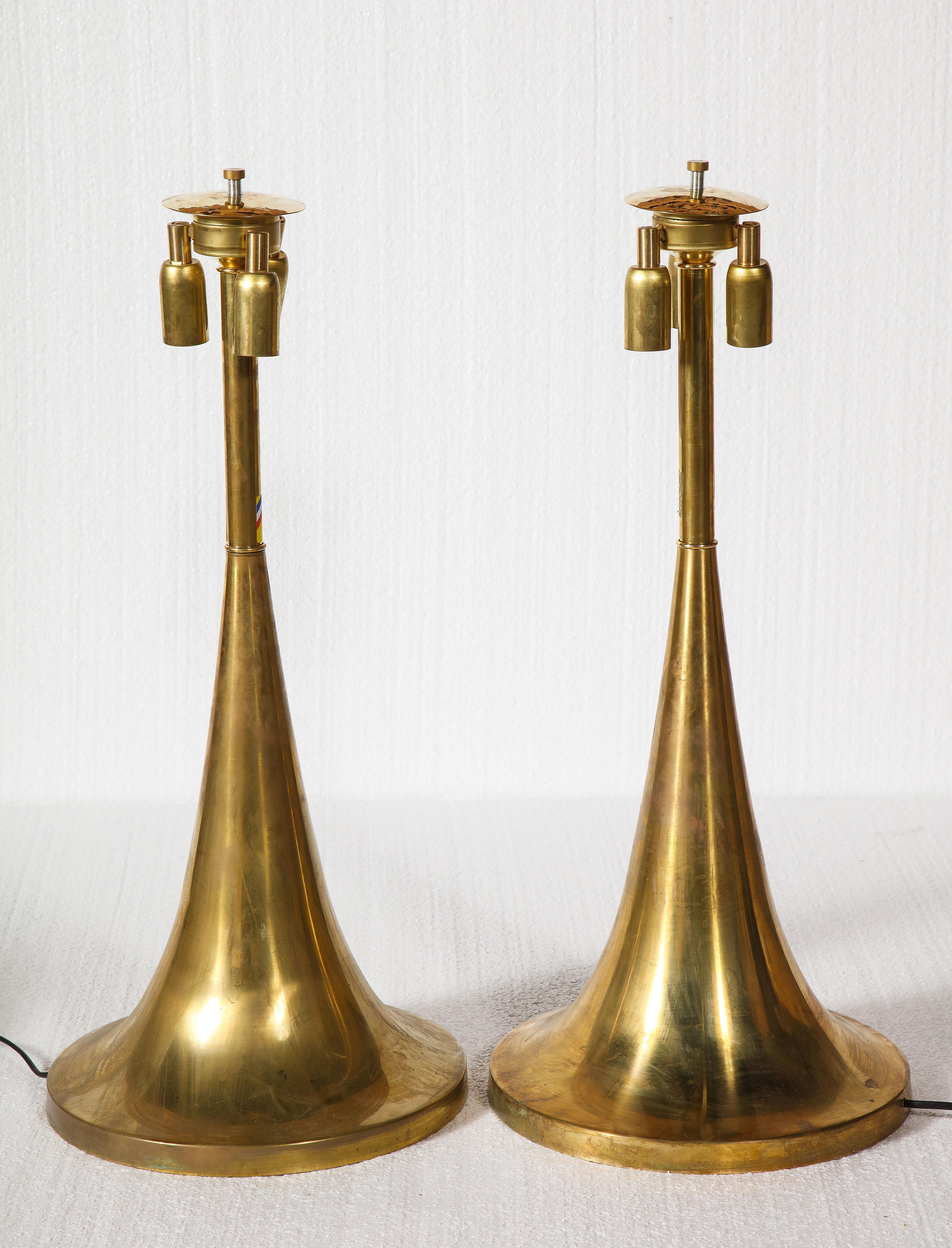 Italian Large Bamboo Pair of Table Lamps with Brass Bases For Sale