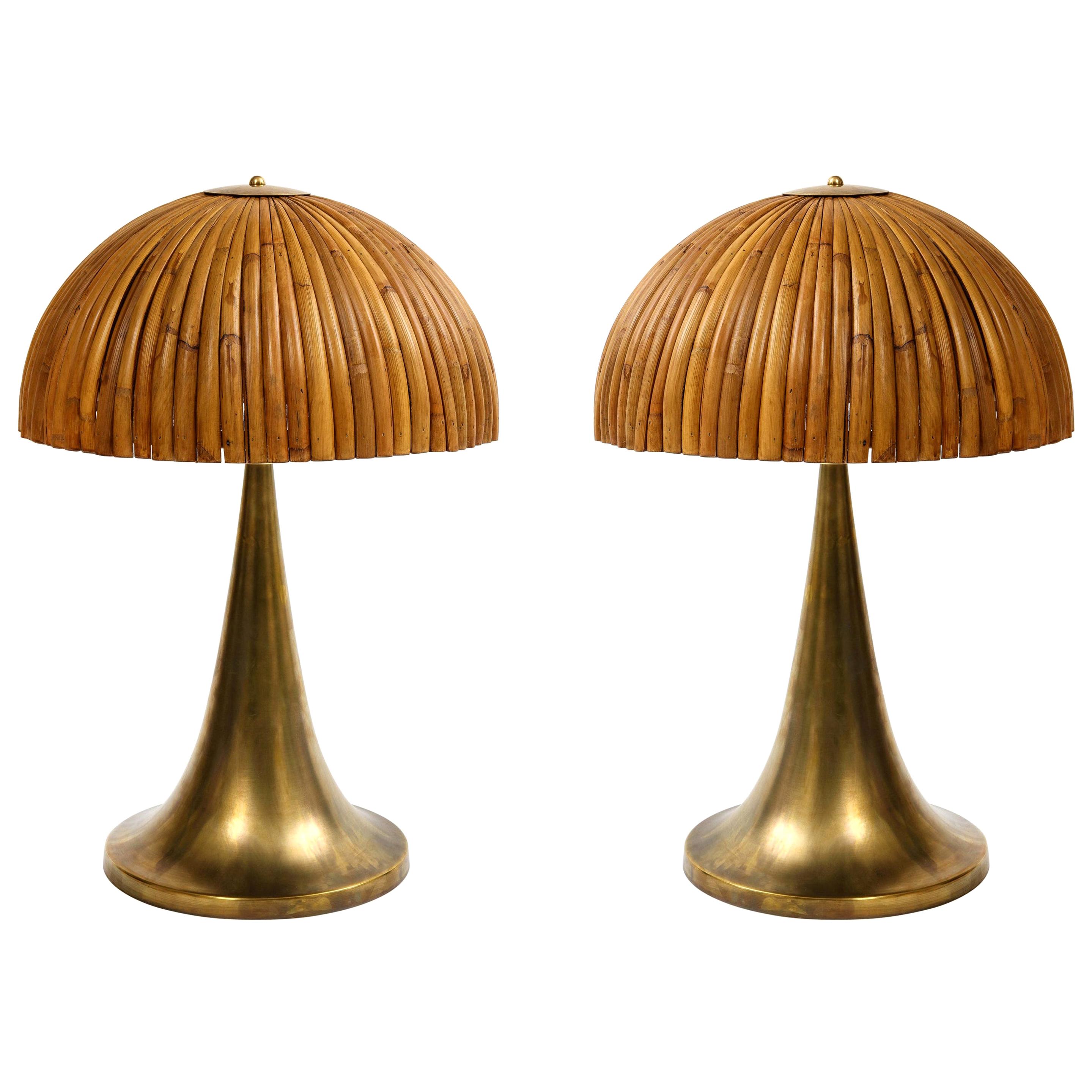 Large Bamboo Pair of Table Lamps with Brass Bases For Sale