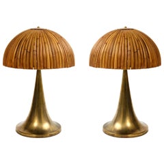 Retro Large Bamboo Pair of Table Lamps with Brass Bases