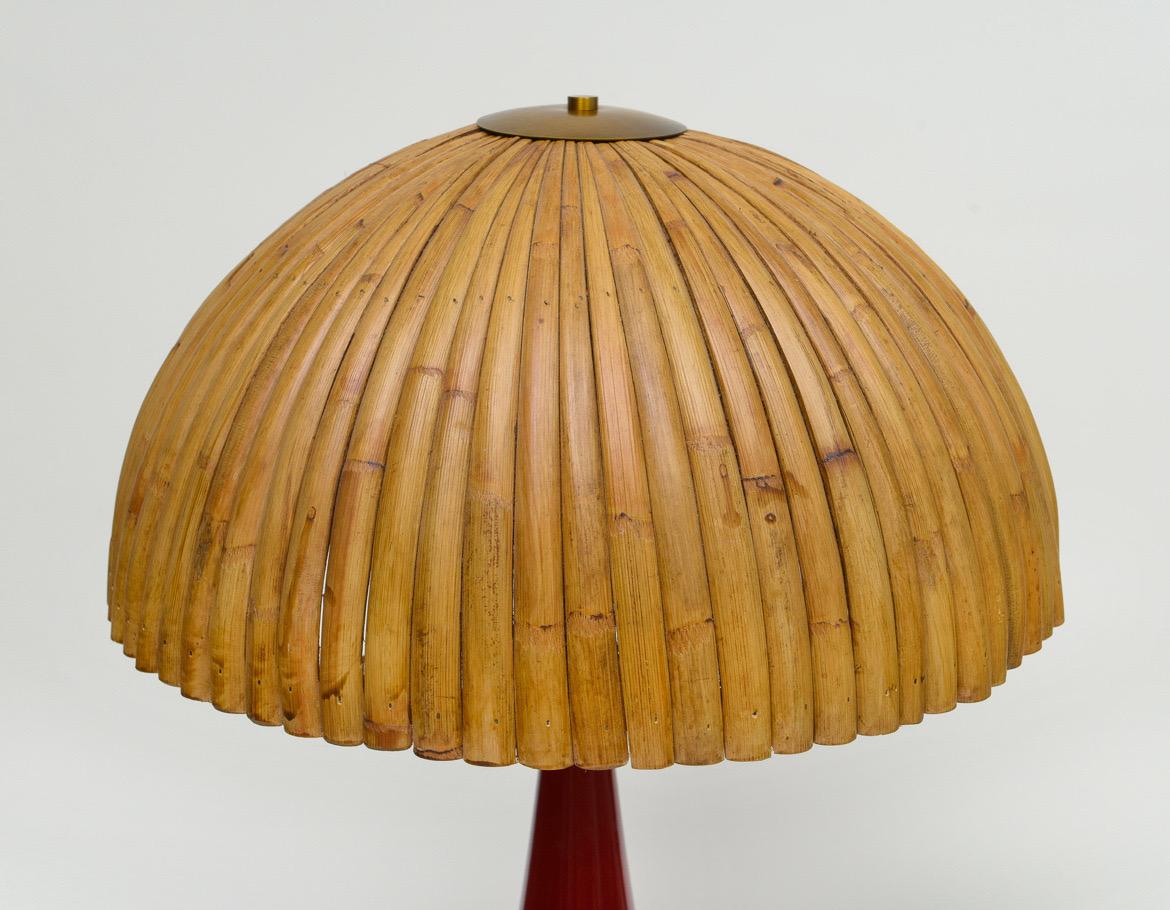 Gabriella Crespi Style Large Bamboo Pair of Table Lamps with Red Lacquer Bases In New Condition For Sale In New York, NY