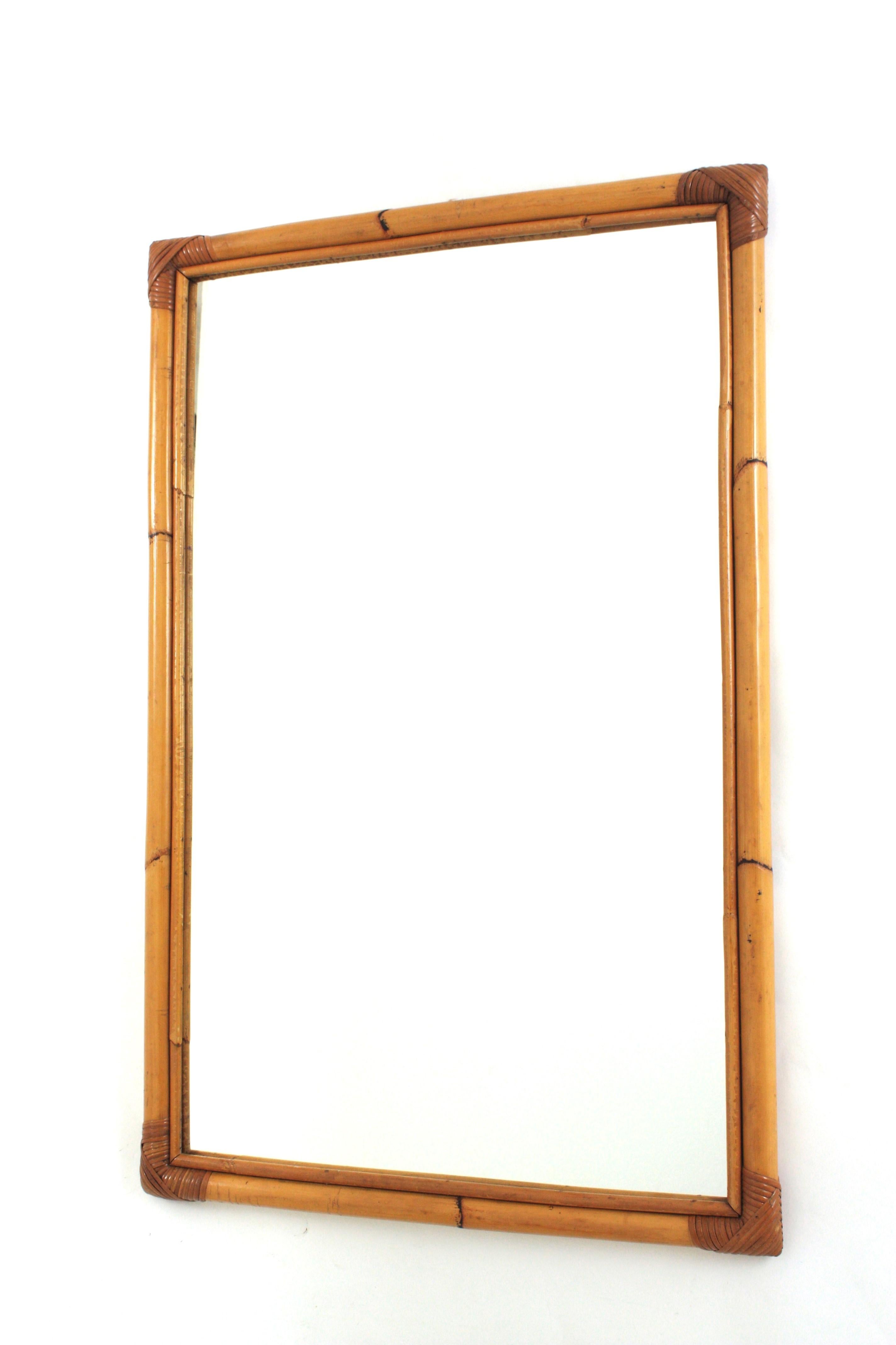 Large Bamboo Rattan Rectangular Mirror, Spain 1960s For Sale 3