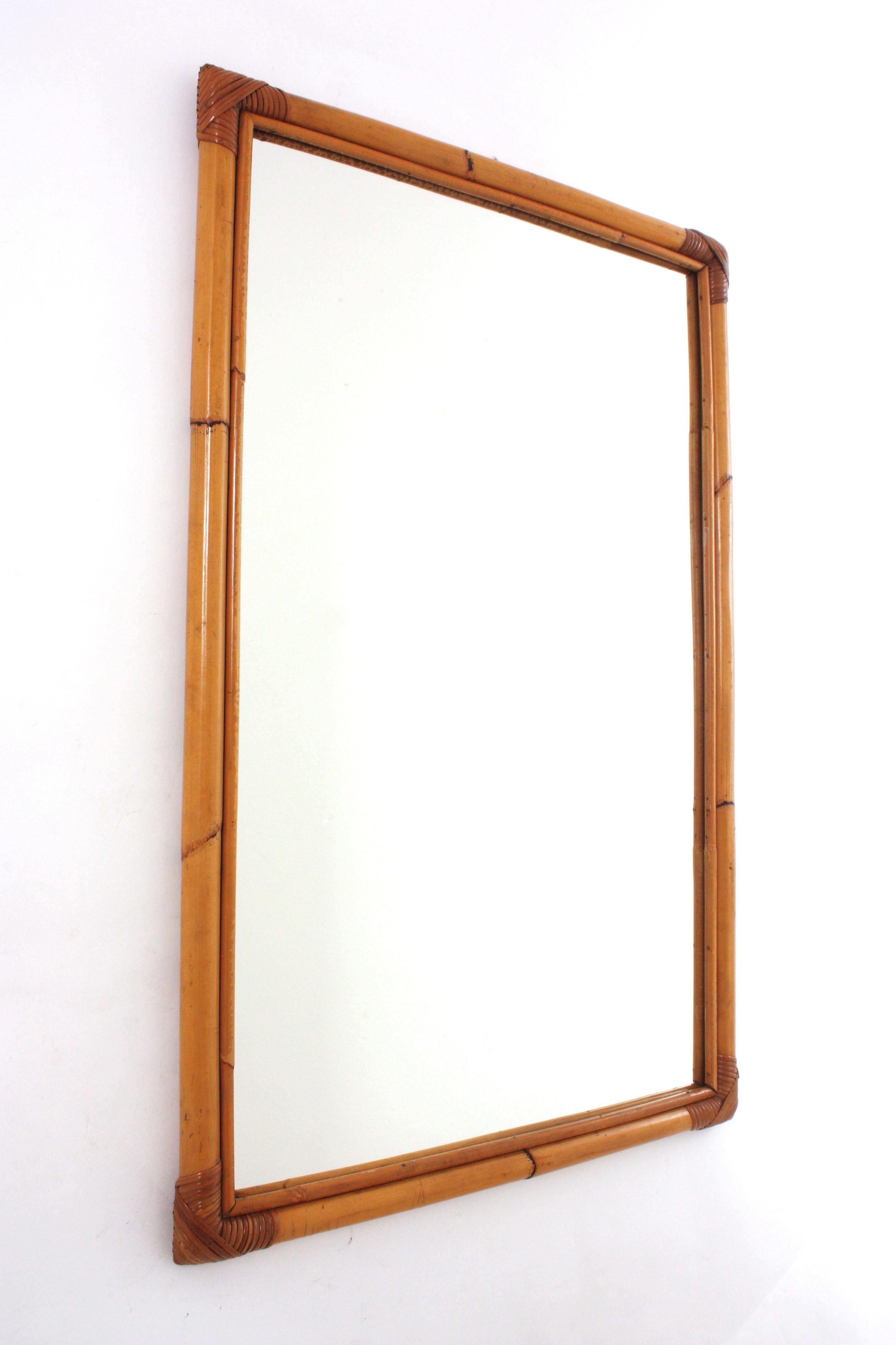 Mid-Century Modern Large Bamboo Rattan Rectangular Mirror, Spain 1960s For Sale