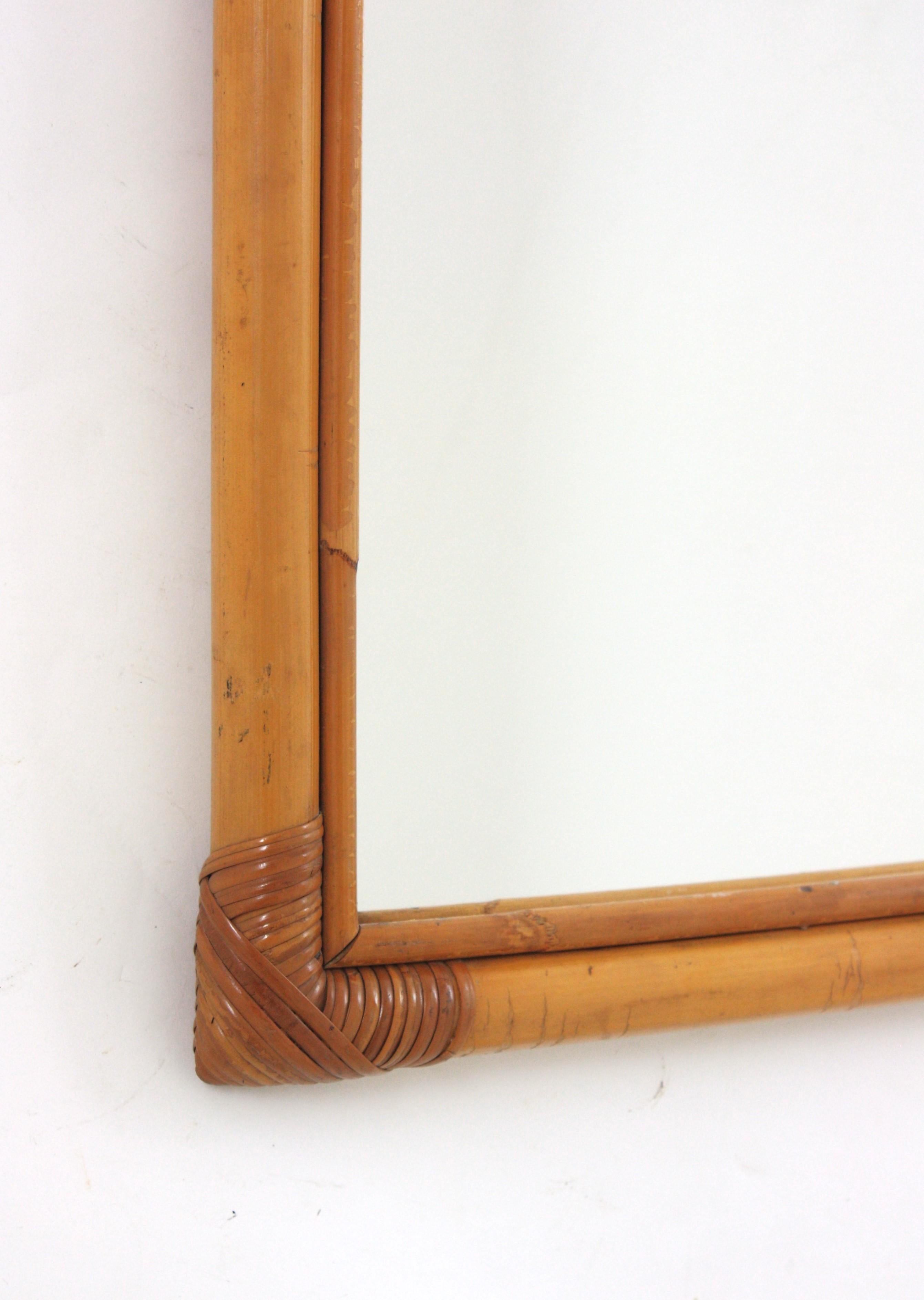 Spanish Large Bamboo Rattan Rectangular Mirror, Spain 1960s For Sale