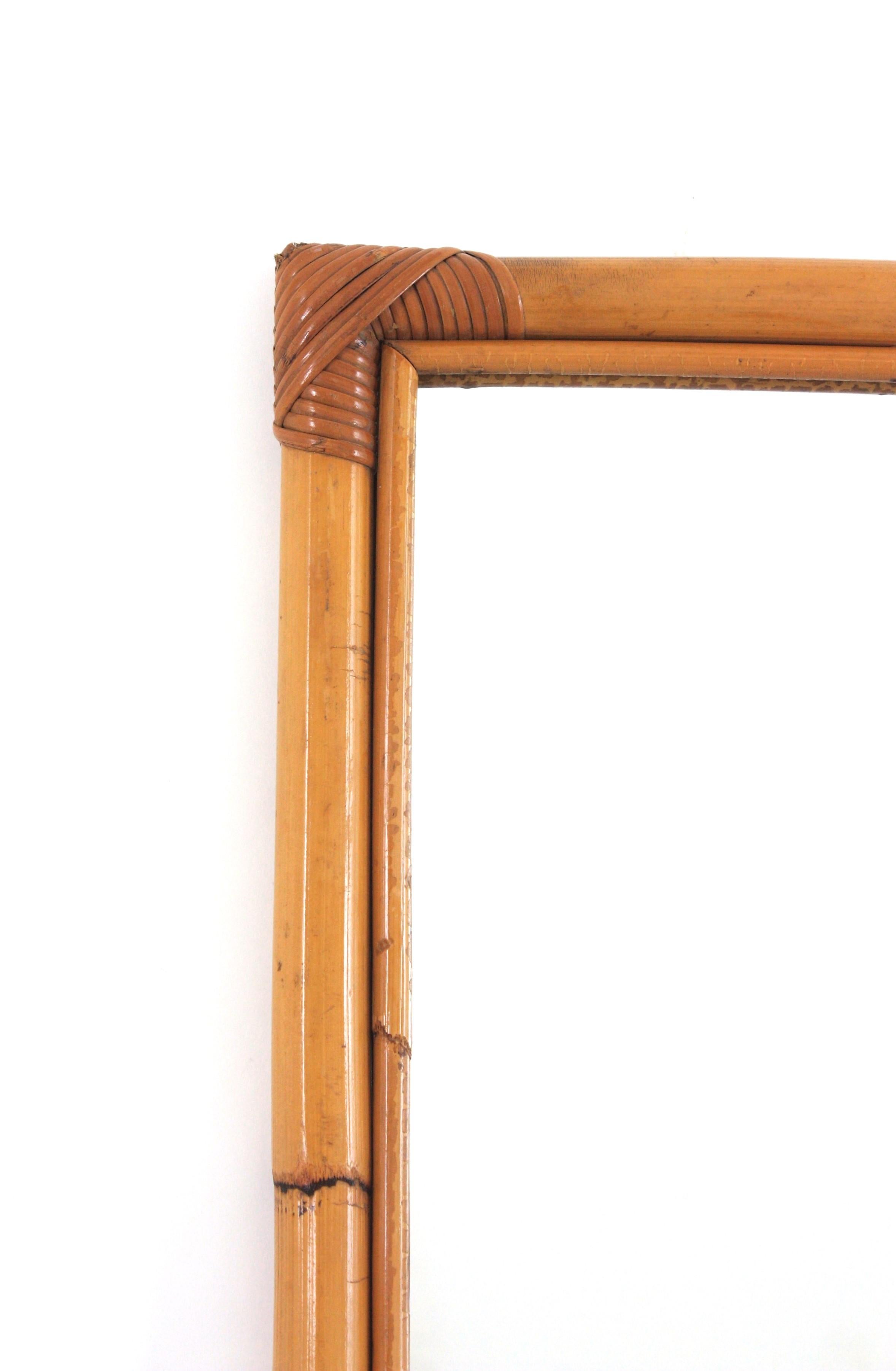 Hand-Crafted Large Bamboo Rattan Rectangular Mirror, Spain 1960s For Sale