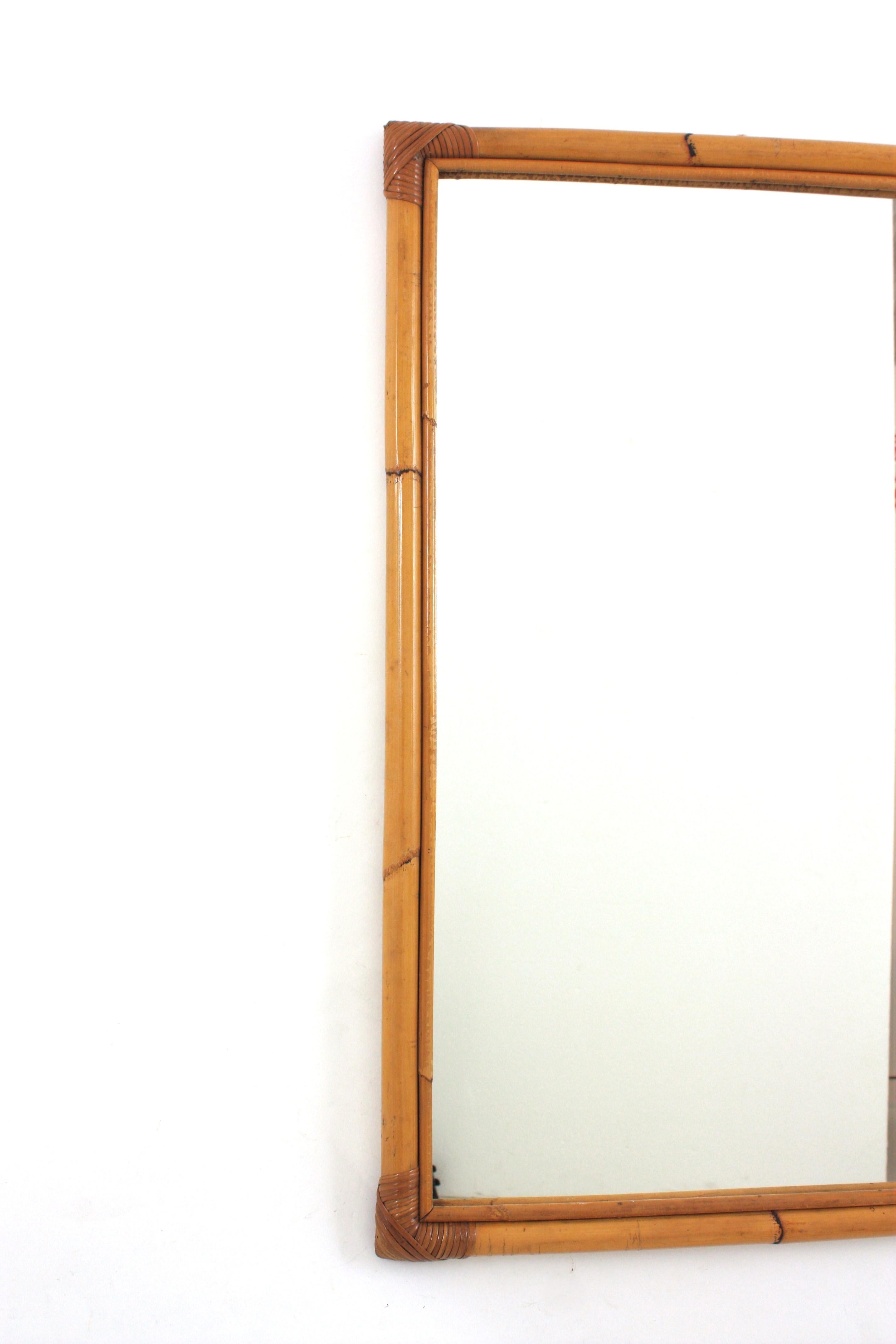 Large Bamboo Rattan Rectangular Mirror, Spain 1960s In Good Condition For Sale In Barcelona, ES