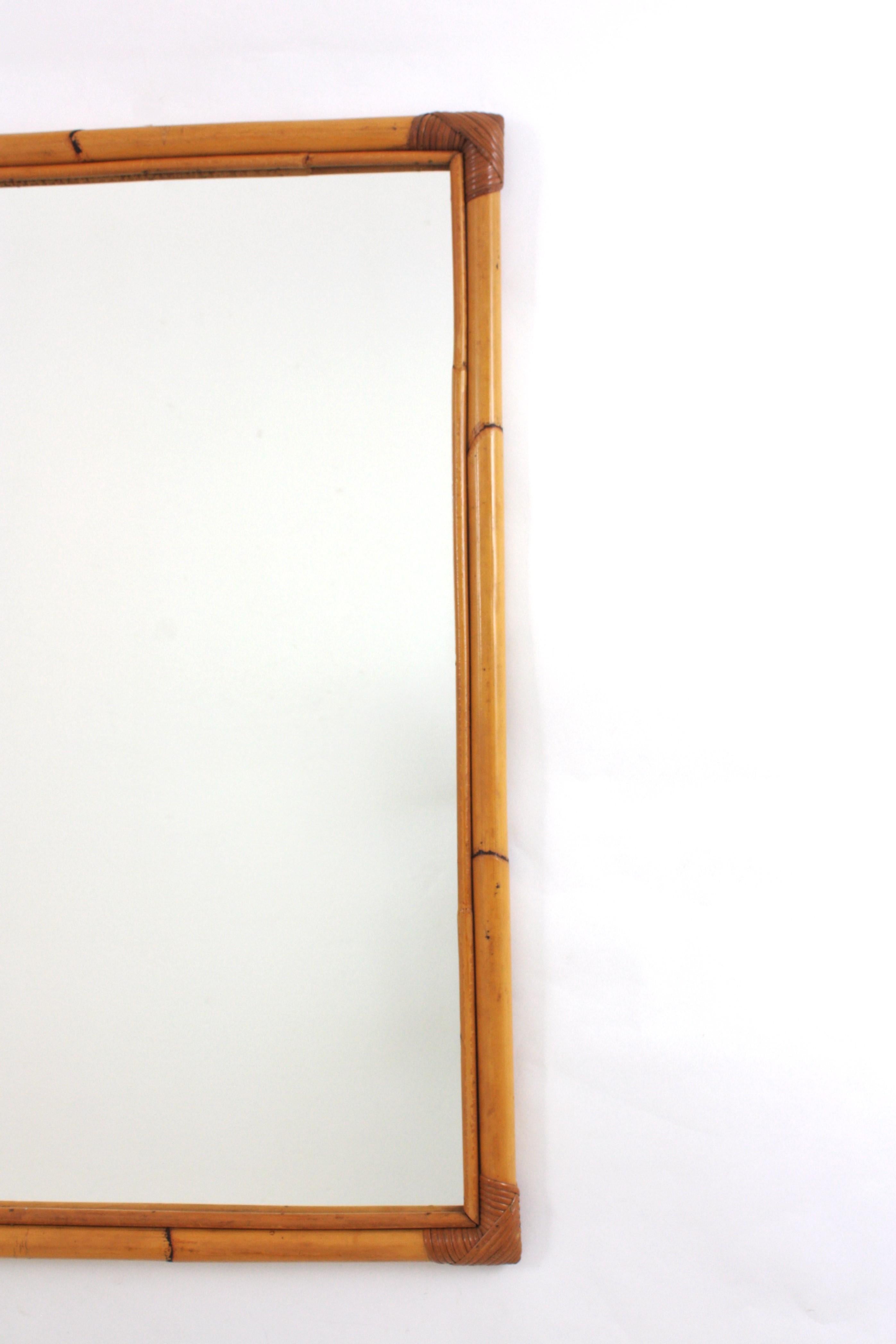 20th Century Large Bamboo Rattan Rectangular Mirror, Spain 1960s For Sale