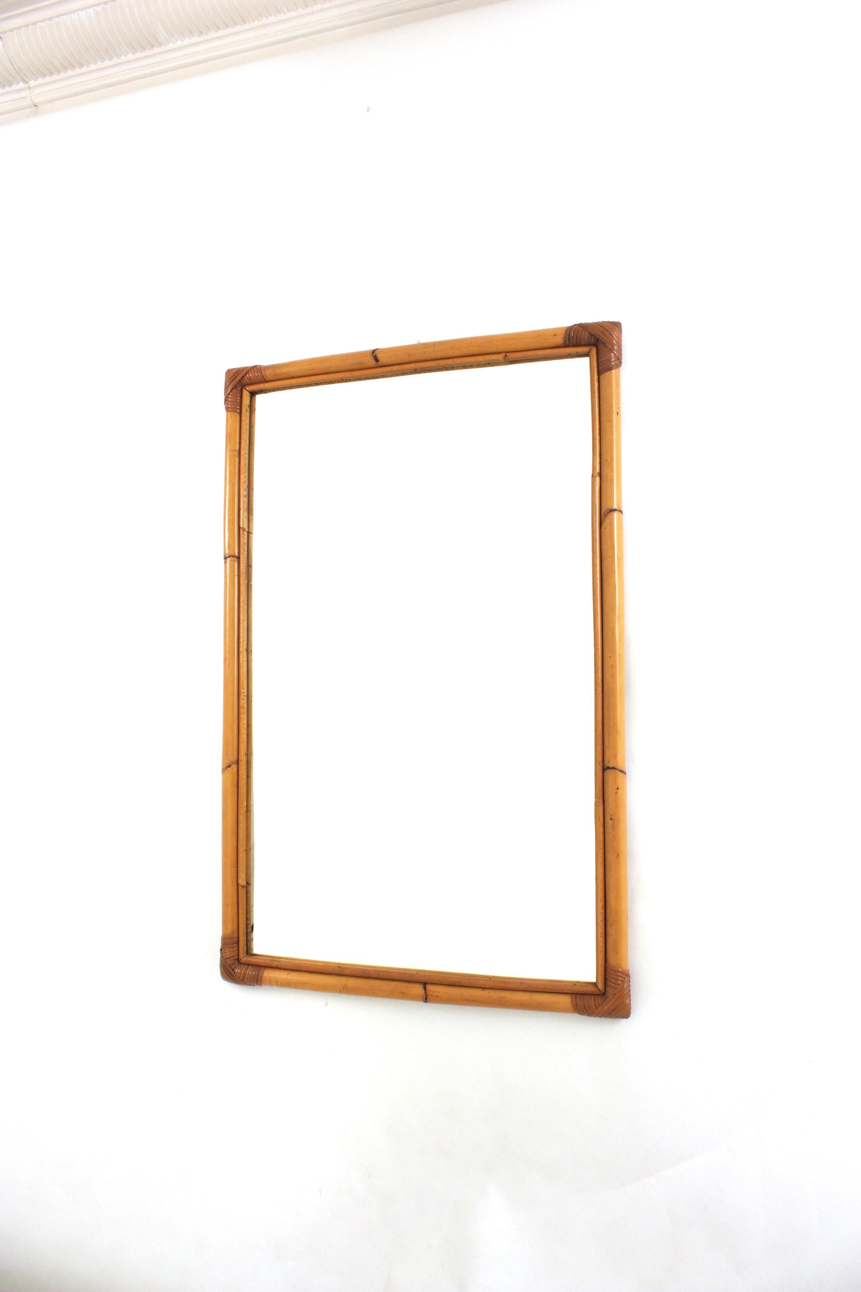 Large Bamboo Rattan Rectangular Mirror, Spain 1960s For Sale 2