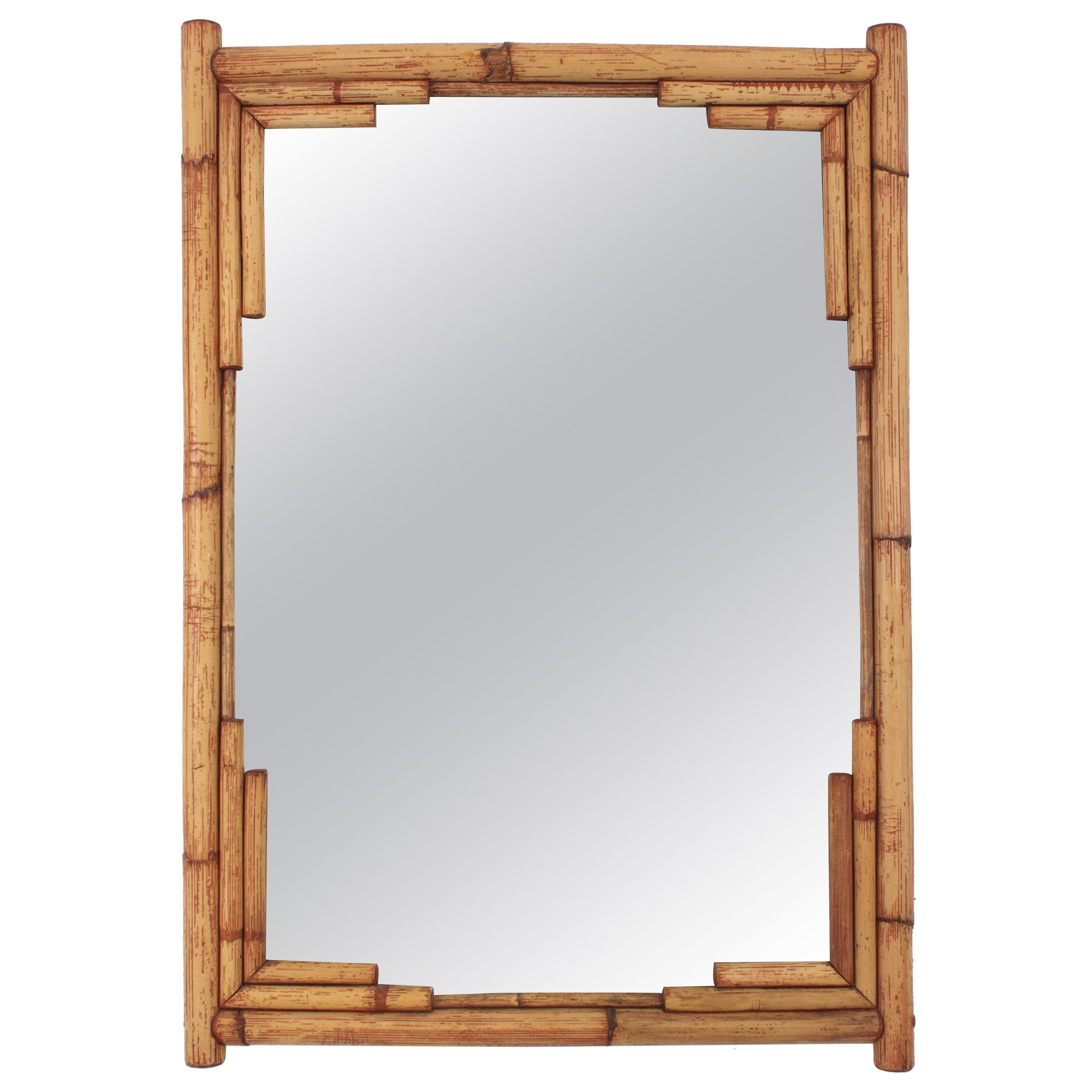 Large Bamboo Rattan Rectangular Wall Mirror with Geometric Frame, Spain, 1960s