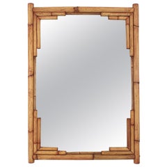 Large Bamboo Rattan Rectangular Wall Mirror with Geometric Frame, Spain, 1960s