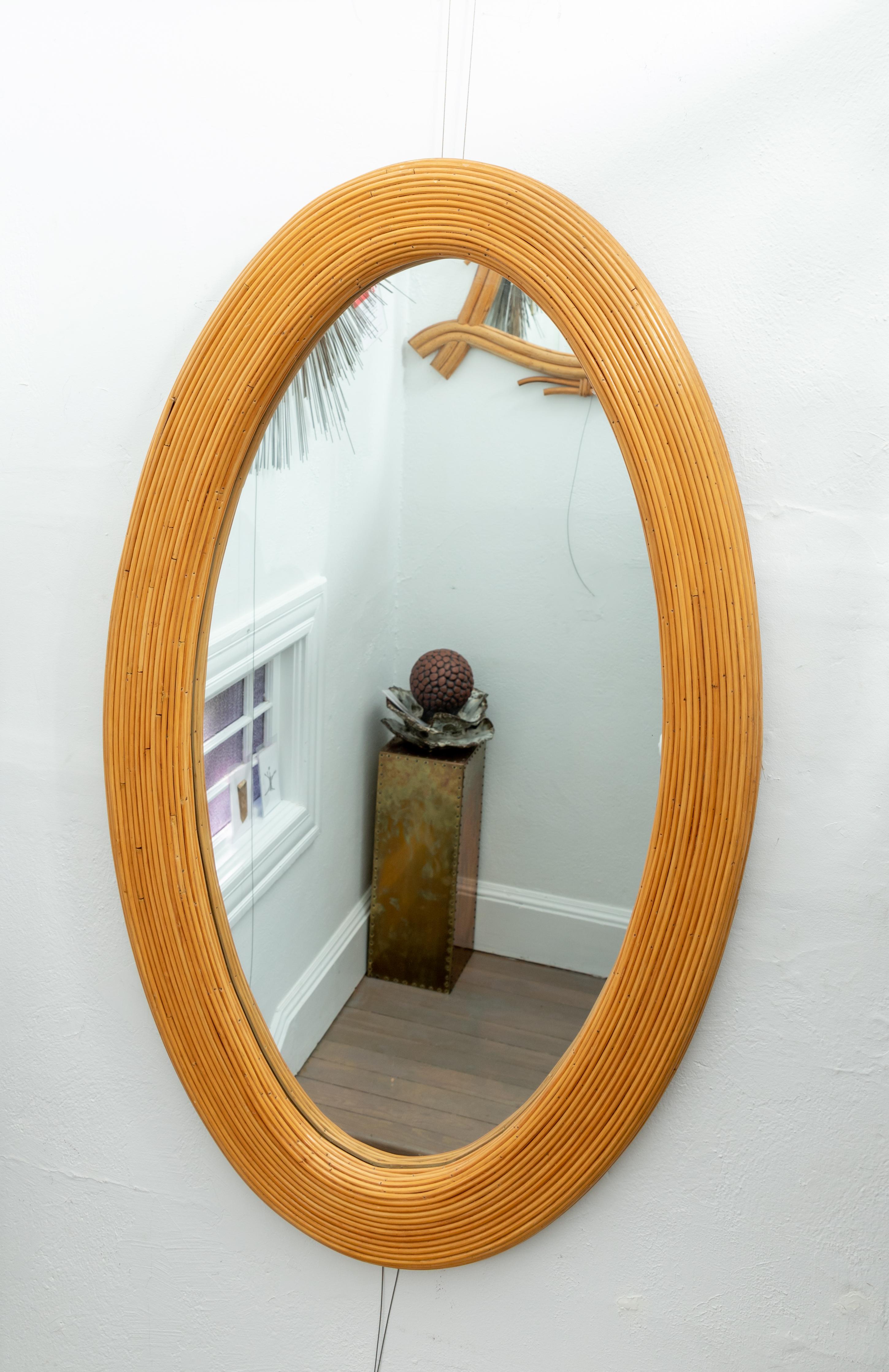 Mid-Century Modern Large Bamboo Reed Woven Oval Mirror For Sale