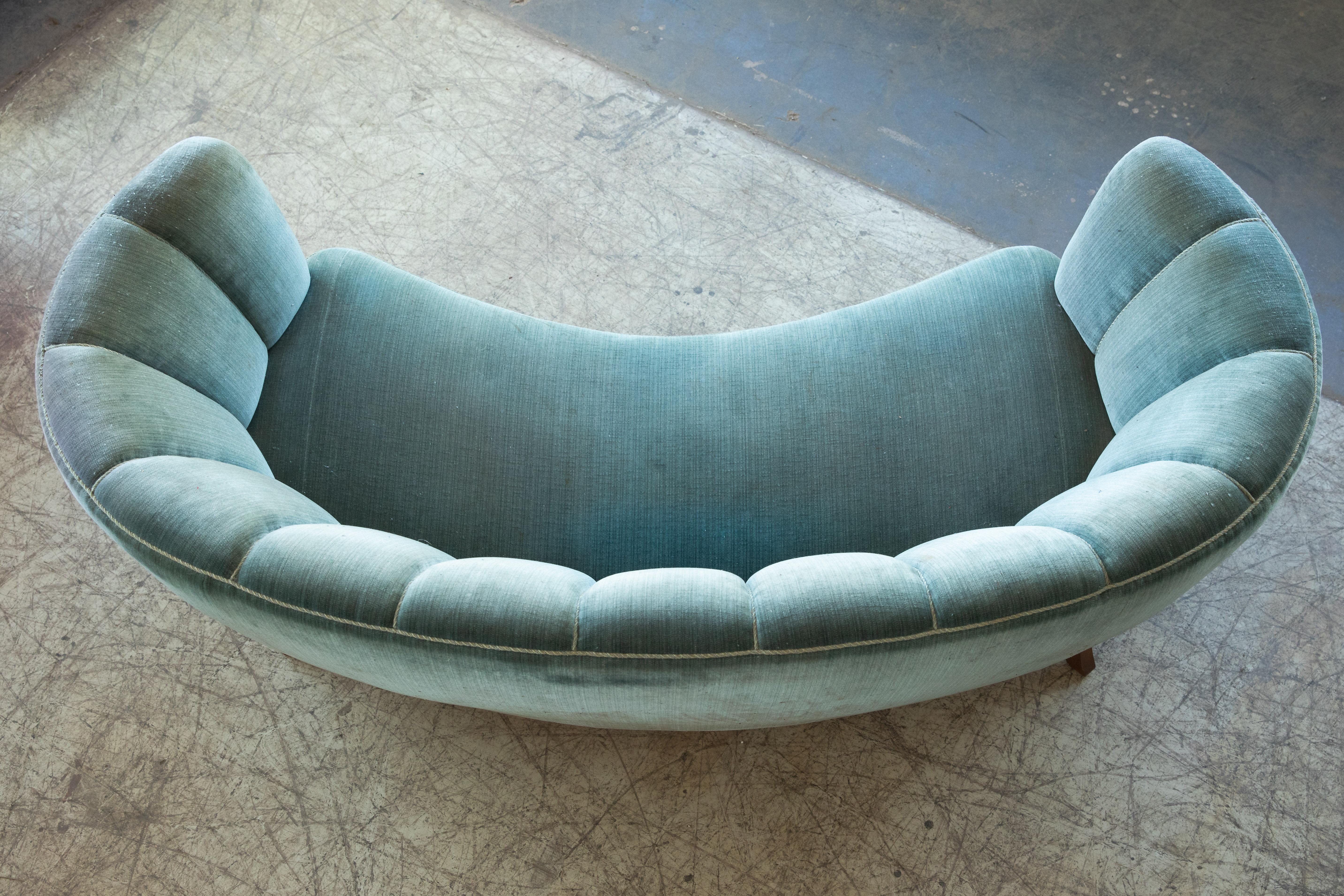 Large Banana Form Curved Sofa in Blue Velvet, Denmark, 1940s 1