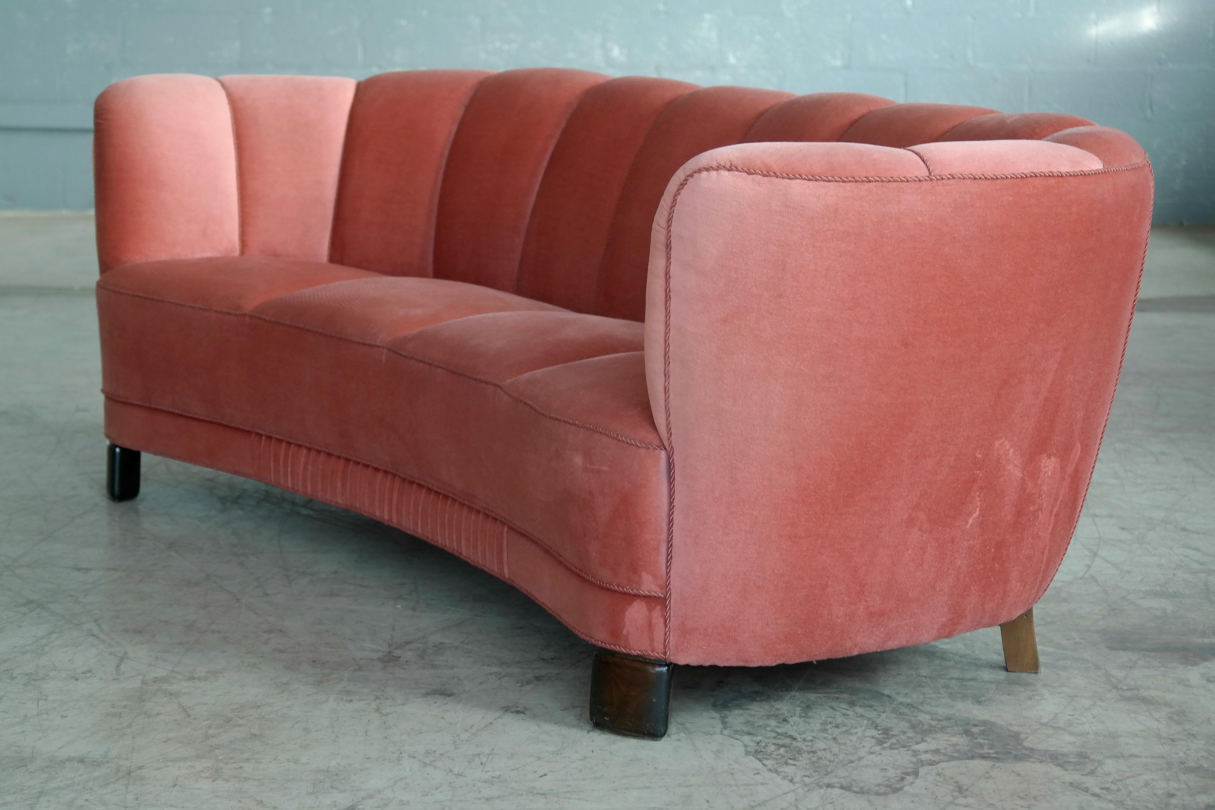Wool Large Banana Form Curved Sofa in Pink Velvet Denmark, 1940s