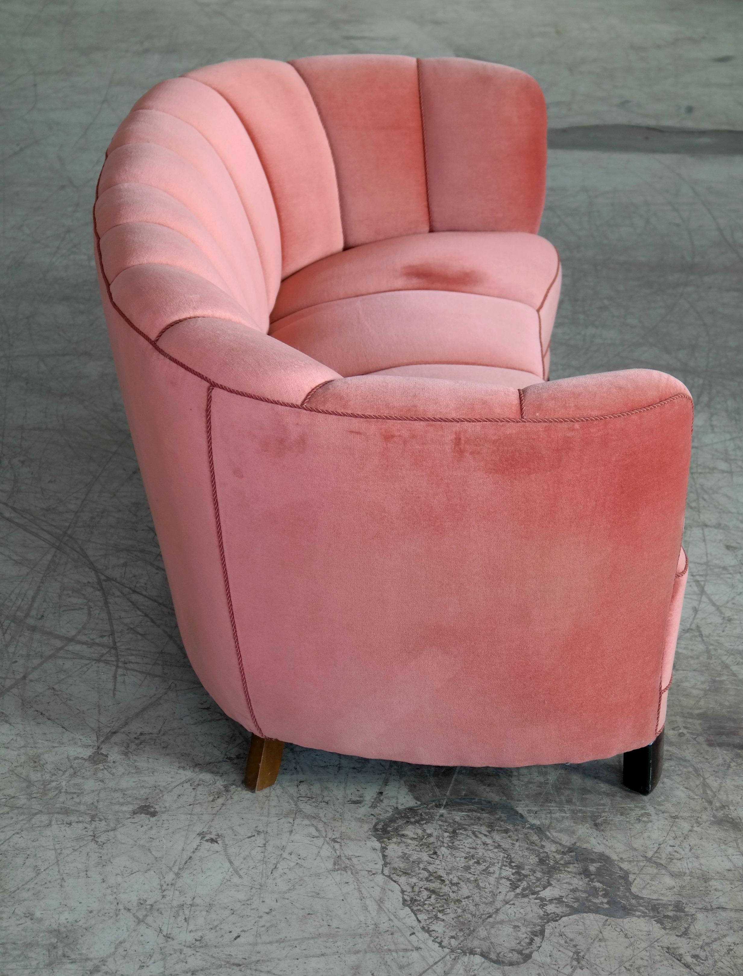 Danish Large Banana Form Curved Sofa in Pink Velvet Denmark, 1940s