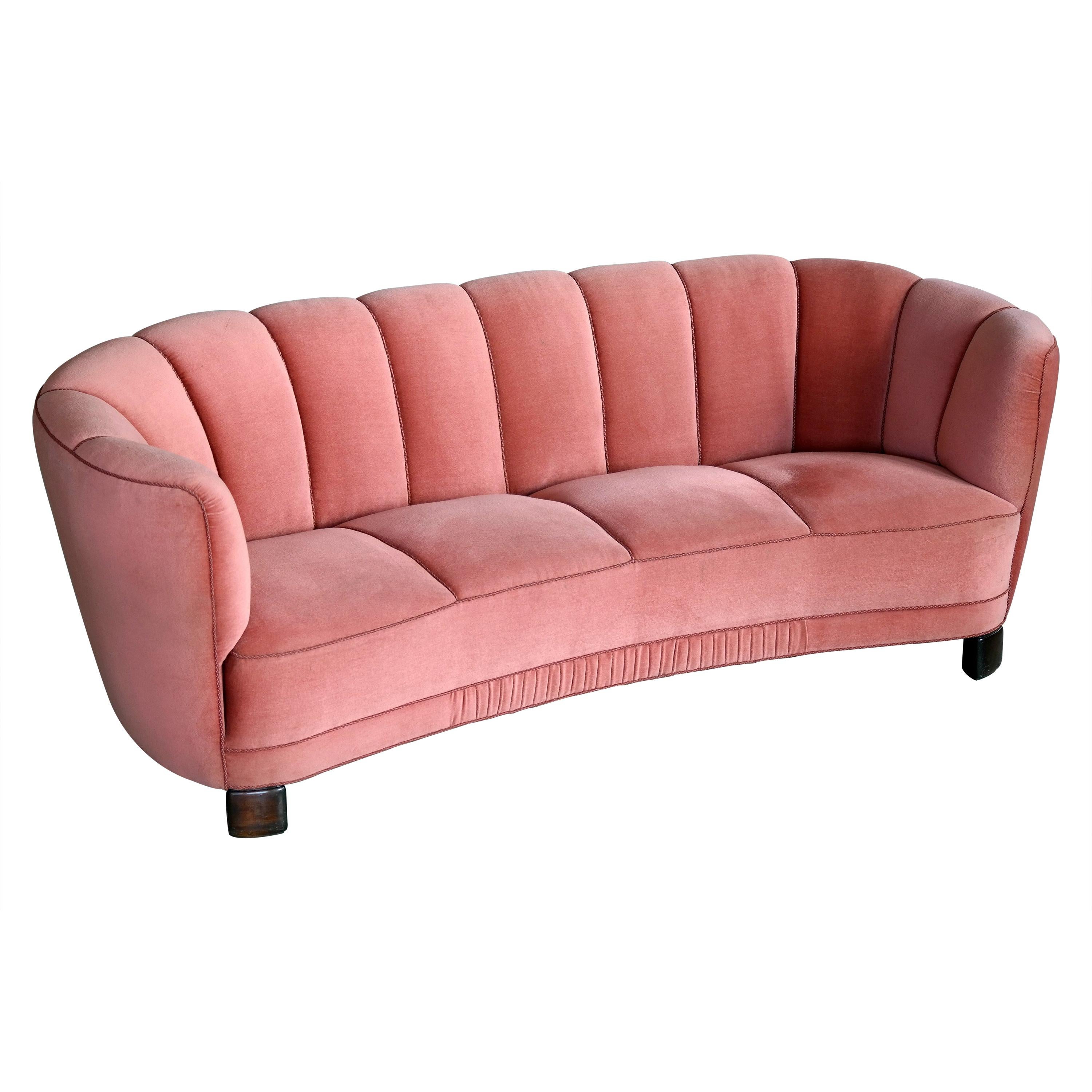 Large Banana Form Curved Sofa in Pink Velvet Denmark, 1940s
