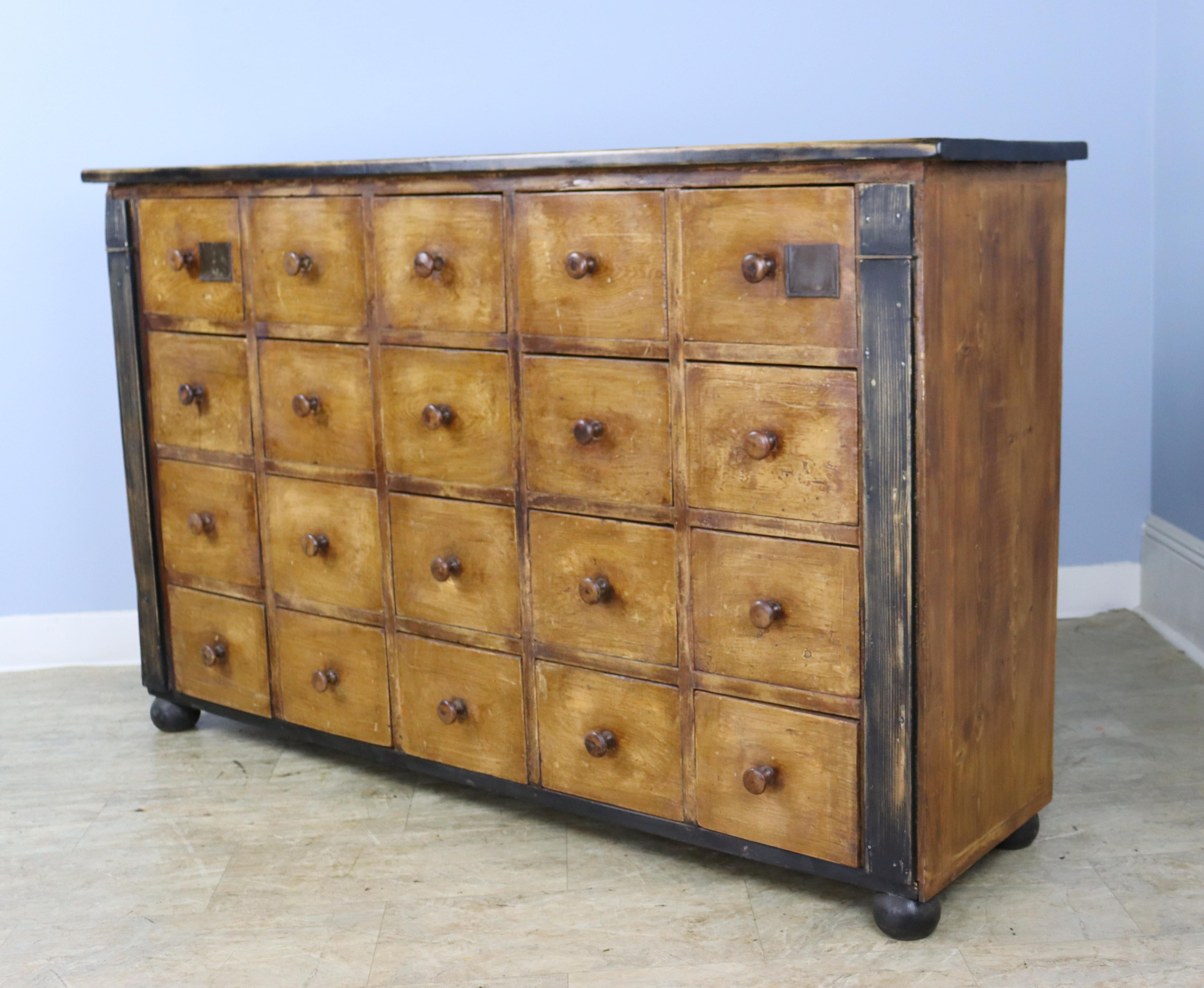 English Large Bank of 20 Drawers, Original Paint and New Top For Sale