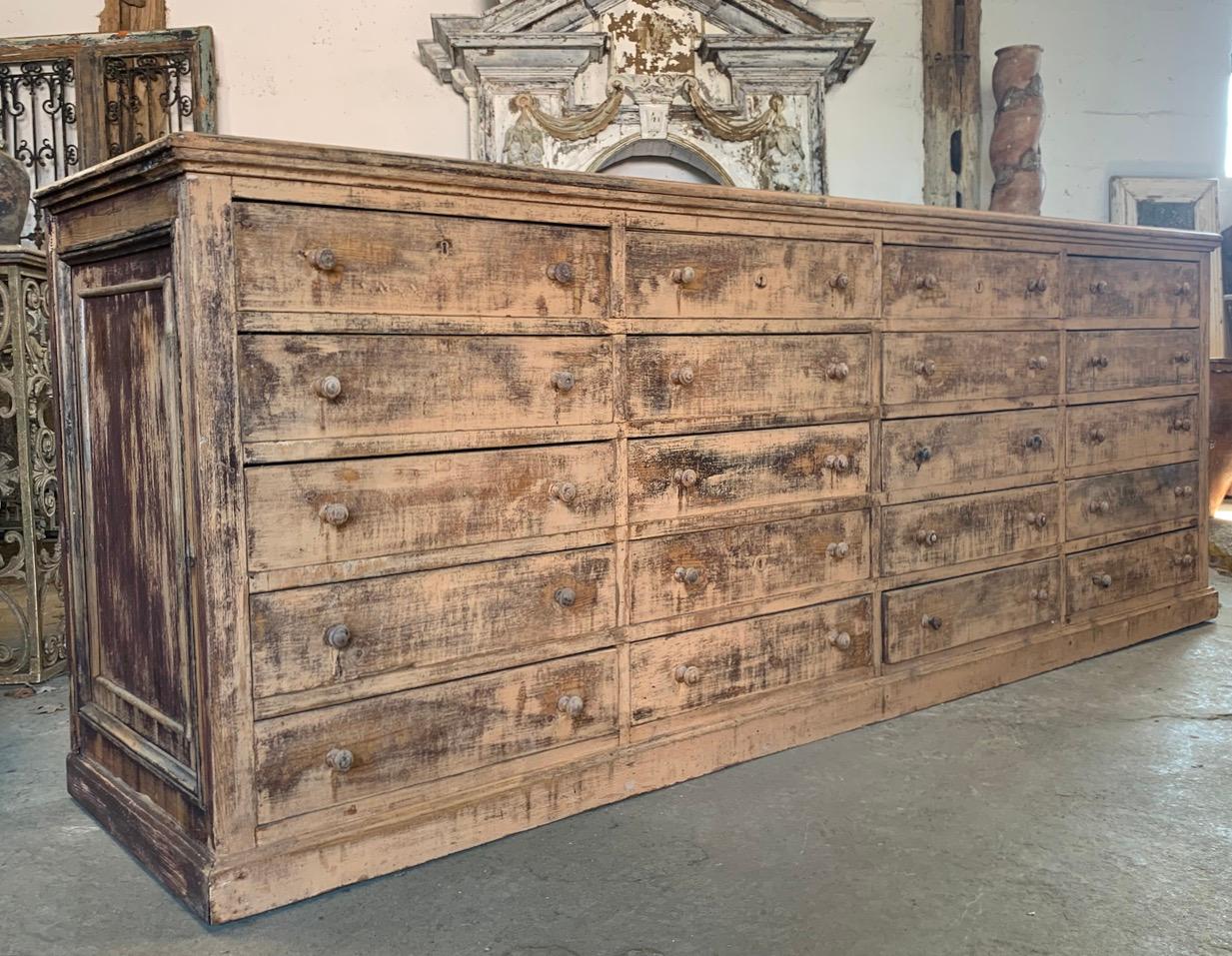 The most amazing set of drawers from a French hardware store. They have the most wonderful patina giving them a great look and character.

Made from pine, they are in good solid condition with all drawers moving smoothly. The wood has lovely old