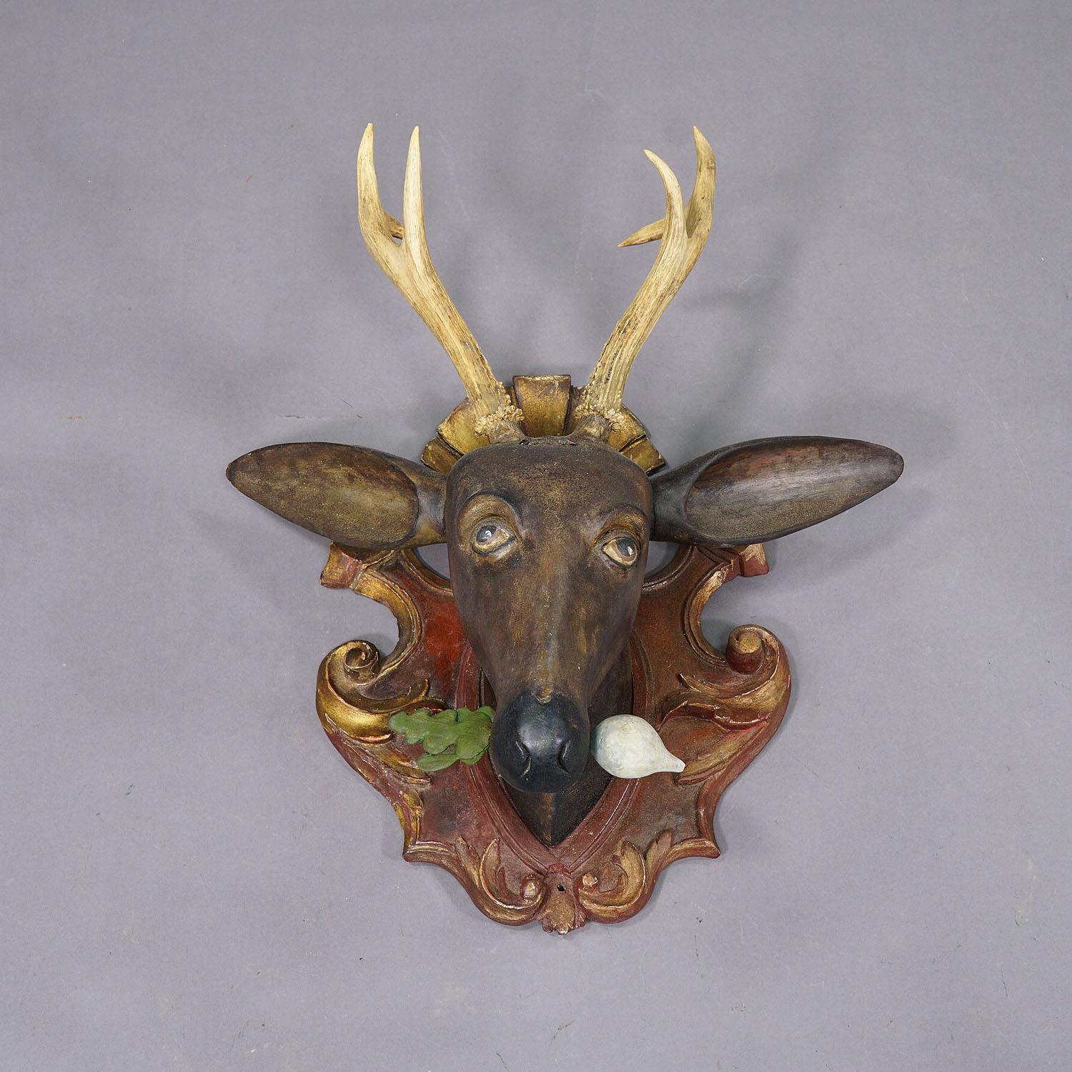 Large Baoque Carved Roe Deer Head, 19th Century

A large antique wooden carved Black Forest roe deer head handcarved in Baroque style and fitted with a real 6 pointer antler trophy. The head is mounted on a carved plate, decorated in brown and gold.