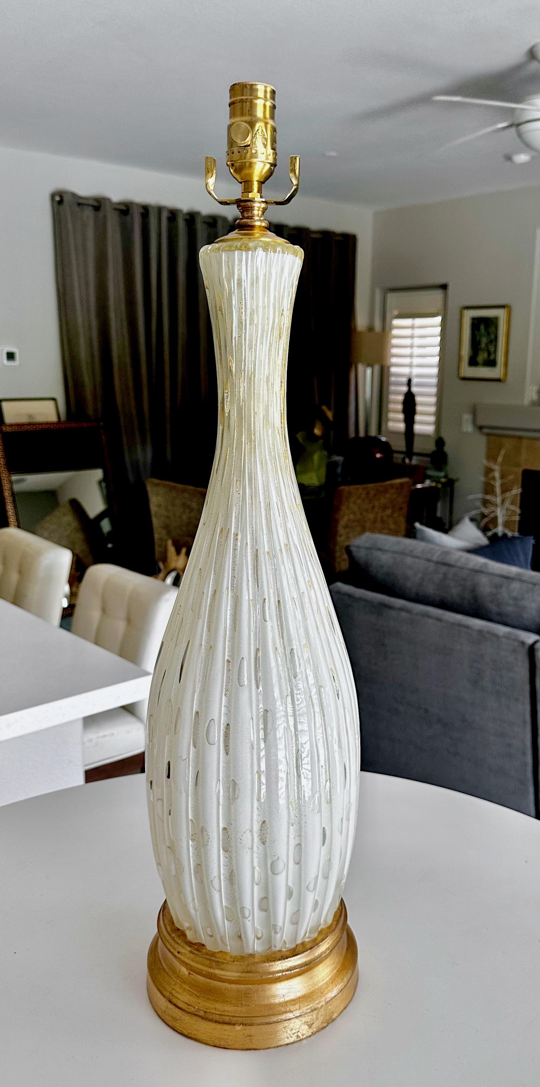 Italian Large Barbini Murano White Gold Ribbed Glass Table Lamp