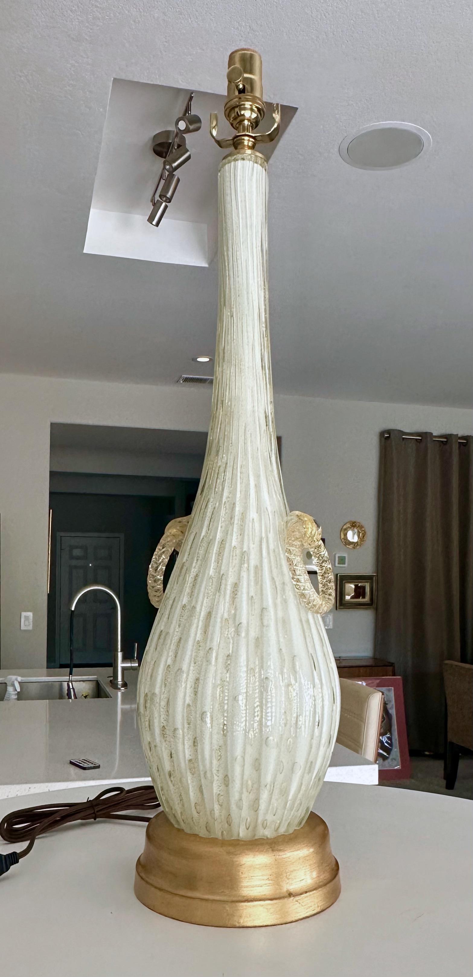 Italian Large Barbini Murano White Gold Ribbed Glass Table Lamp For Sale