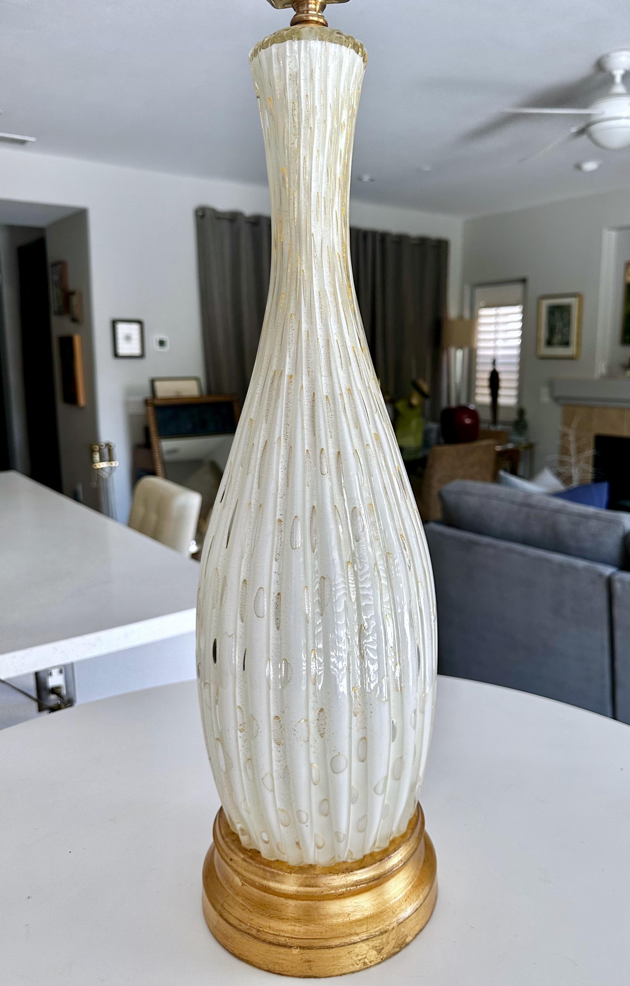 Blown Glass Large Barbini Murano White Gold Ribbed Glass Table Lamp