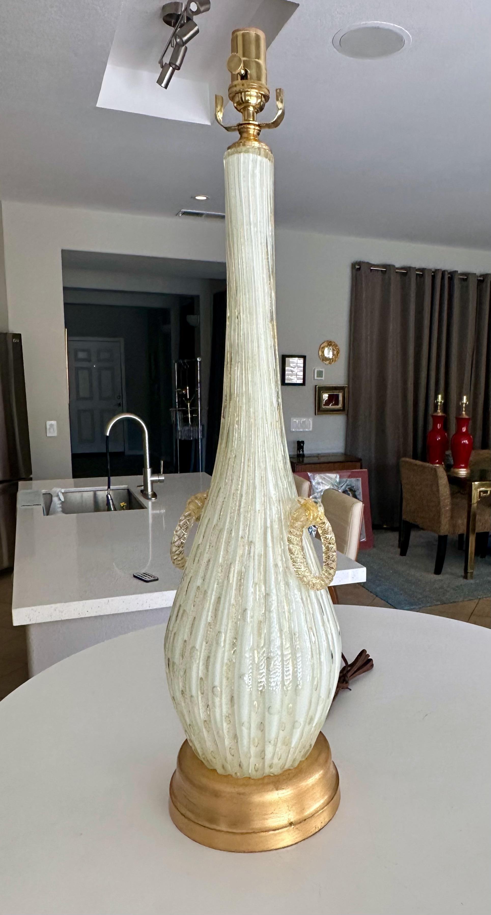 Blown Glass Large Barbini Murano White Gold Ribbed Glass Table Lamp For Sale
