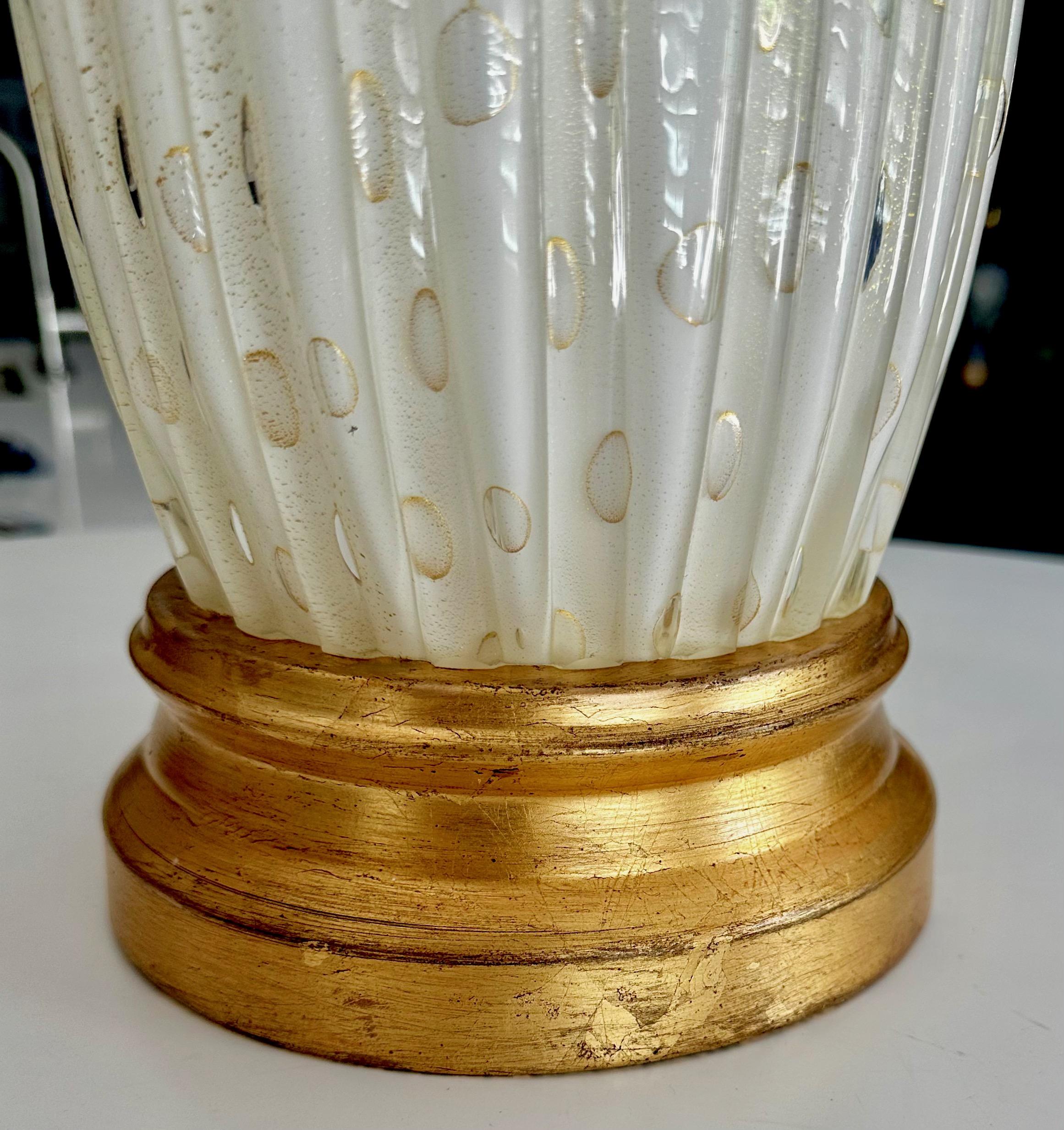 Large Barbini Murano White Gold Ribbed Glass Table Lamp 1