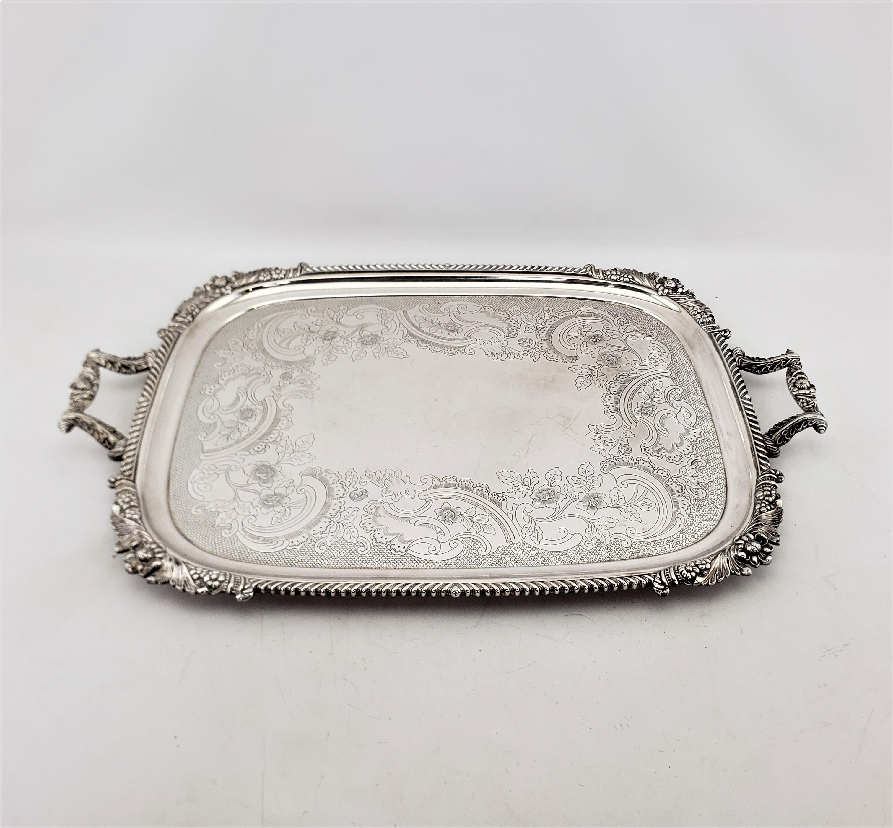 Late Victorian Large Barker Ellis Antique Silver Plated Serving Tray with Floral Decoration For Sale