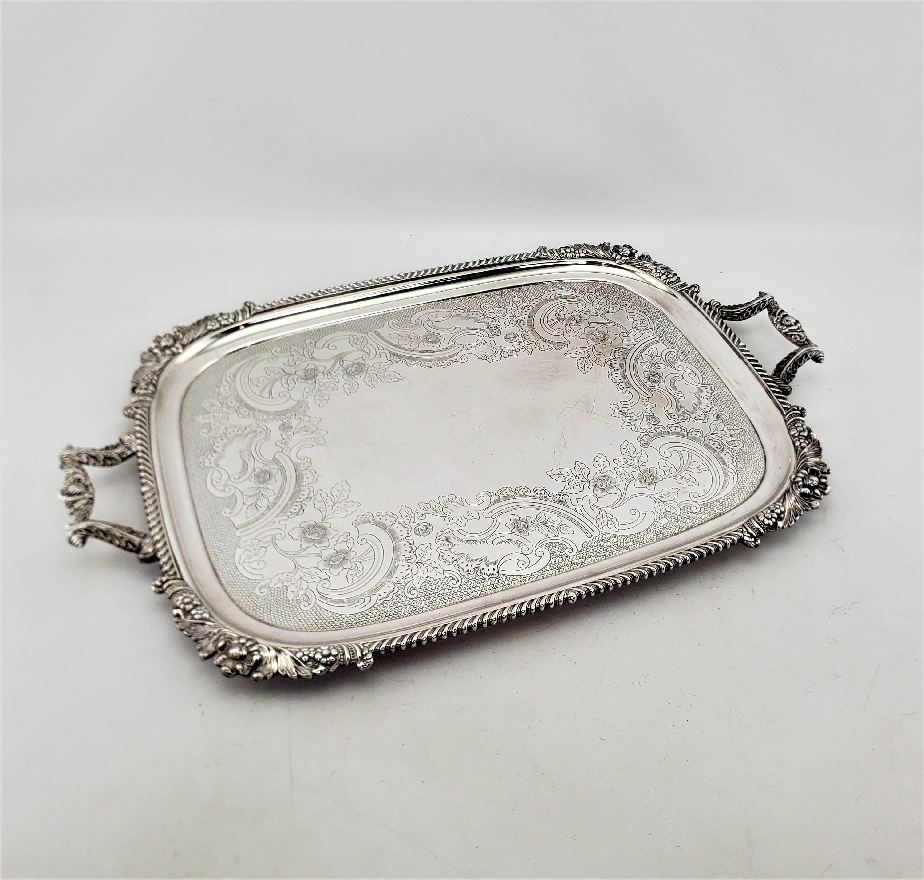 English Large Barker Ellis Antique Silver Plated Serving Tray with Floral Decoration For Sale