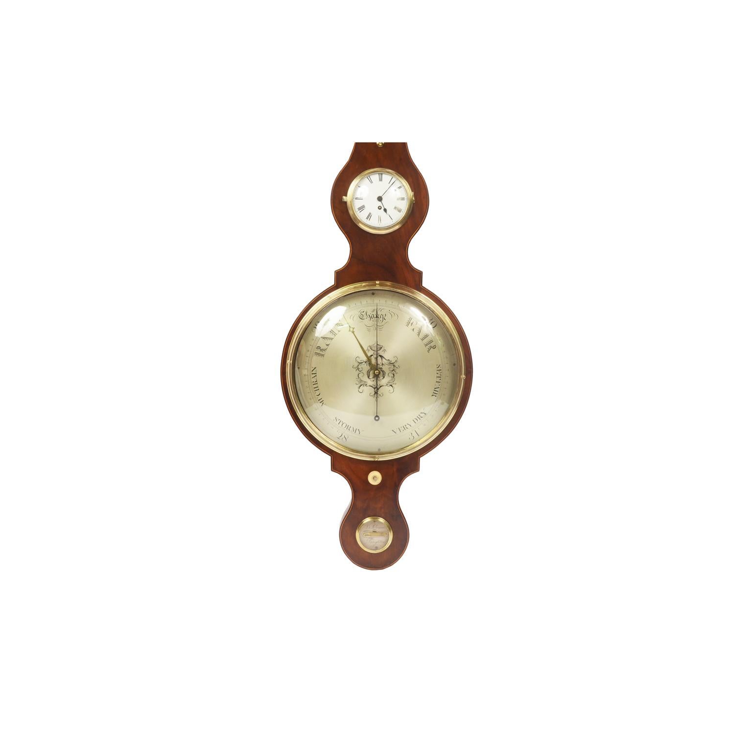 Rare large barometer complete with clock signed Silvani Brighton, dated from 1820 and 1835. Finely crafted mahogany wood case with double thread at the edges. Large silver-plated brass dial engraved with meteorological indications and double hand,