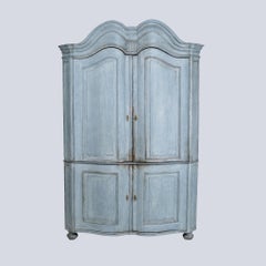 Large Baroque Corner Cabinet In Original Blue Paint & Brass Fittings From 1780s