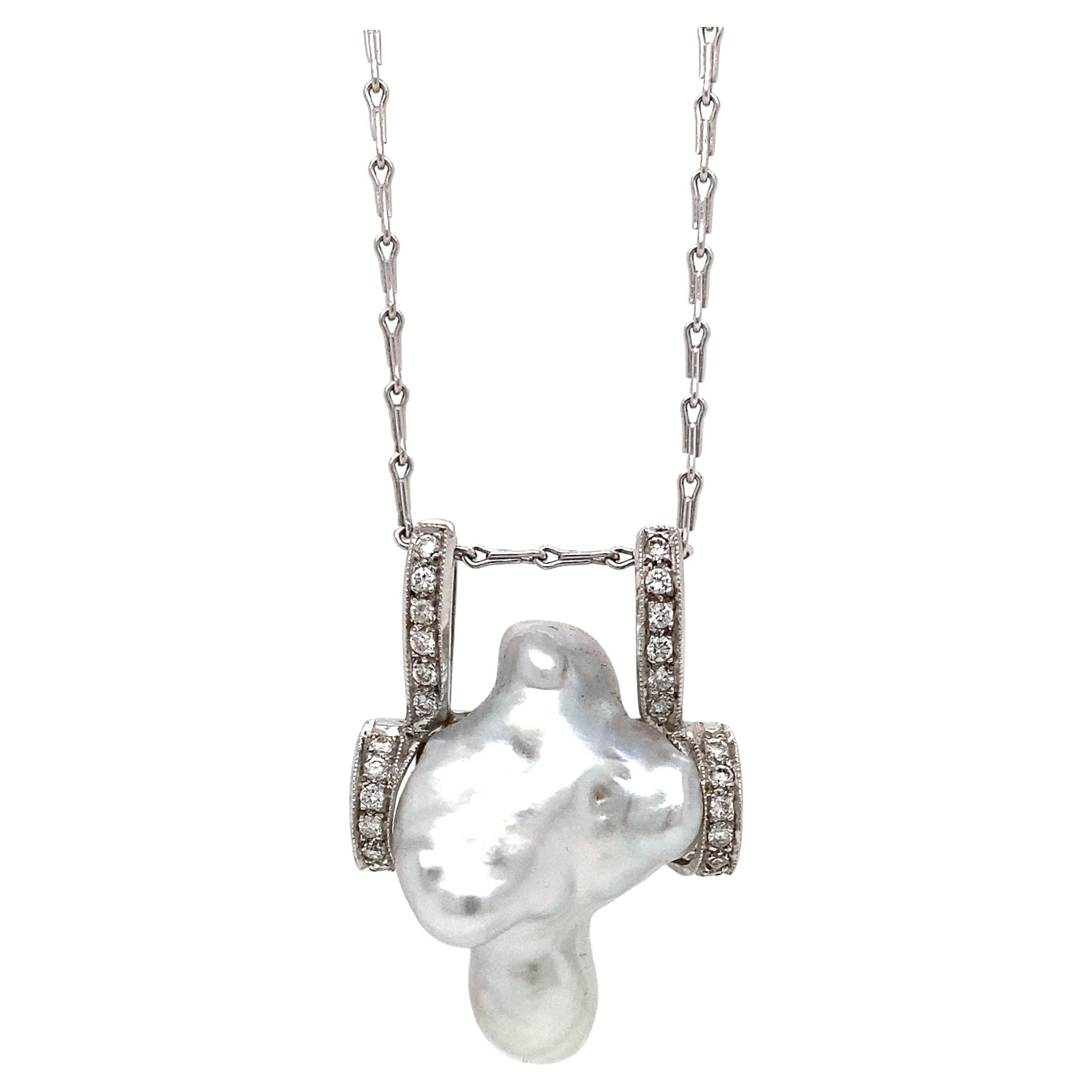 Large Baroque Cultured Pearl & Diamond 18 Carat White Gold Pendant Necklace