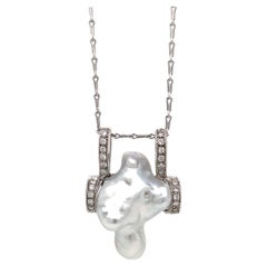 Large Baroque Cultured Pearl & Diamond 18 Carat White Gold Pendant Necklace