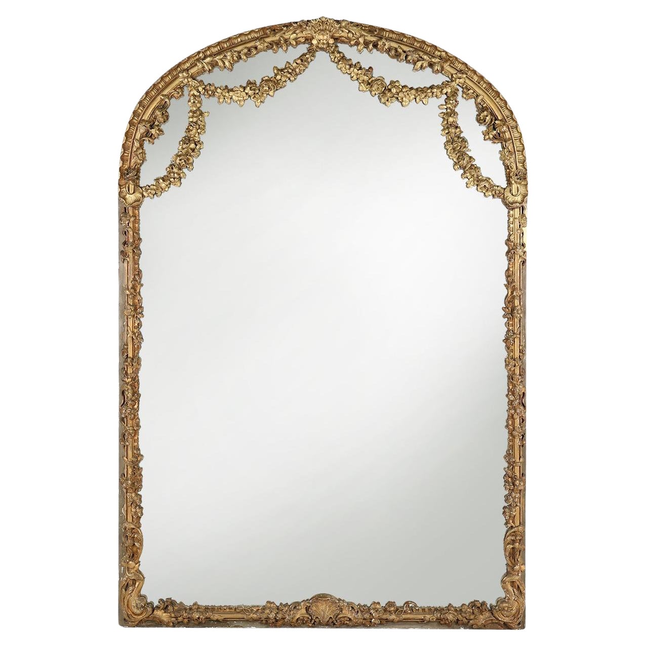 Grand miroir de cheminée baroque en bois doré, France, vers 1800 en vente