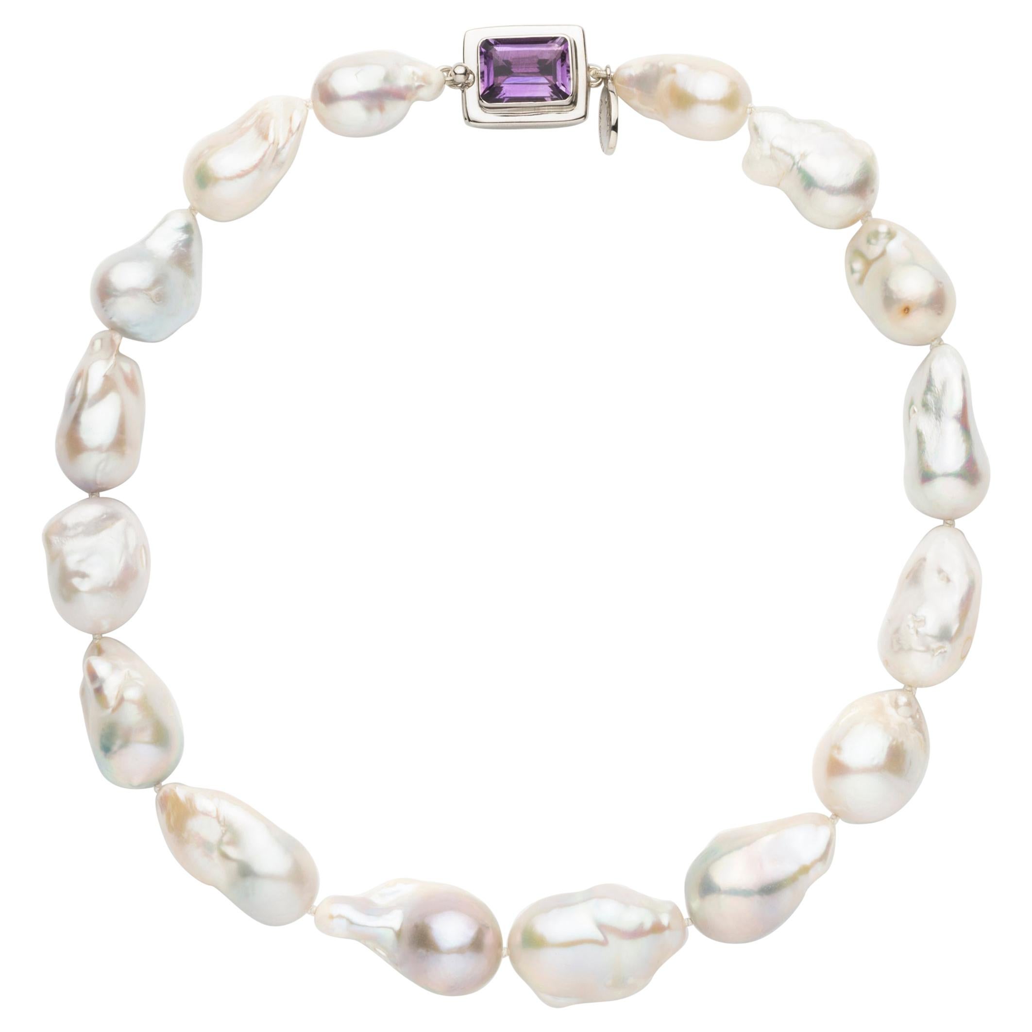 Large Baroque Freshwater Cultured Pearl and EC Amethyst Silver Clasp Necklace For Sale