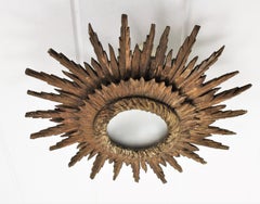 Large Baroque Giltwood Sunburst Ceiling Light Fixture with Frosted Glass, 1940s